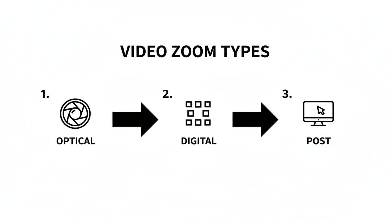 A diagram illustrating three video zoom types: optical (camera lens), digital (grid), and post-production (computer monitor).