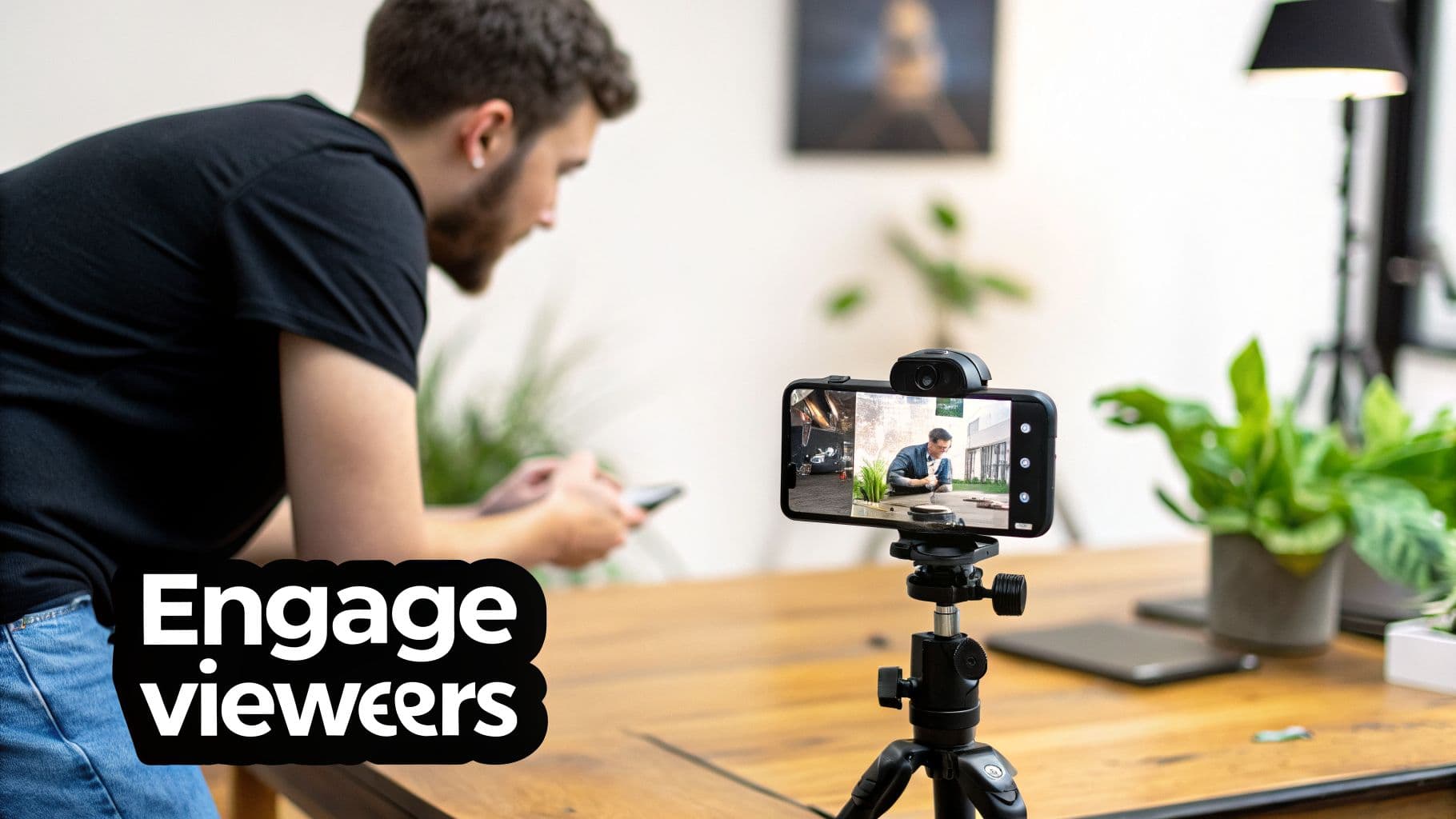 A young man watches a video on a tripod-mounted smartphone with 'Engage viewers' text overlay, in a modern room.