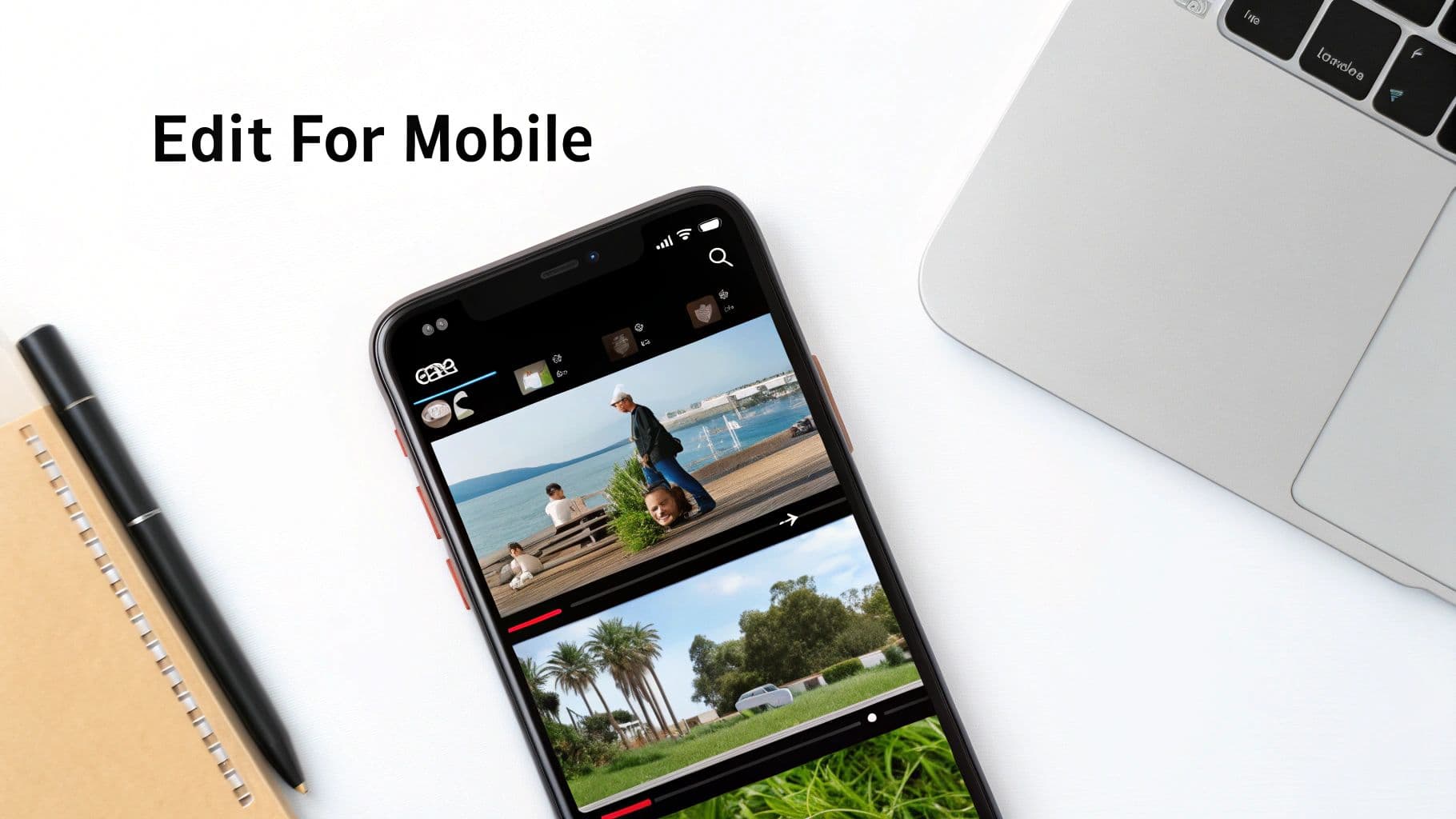 A smartphone displays a video editing app with clips, next to a laptop and pen.