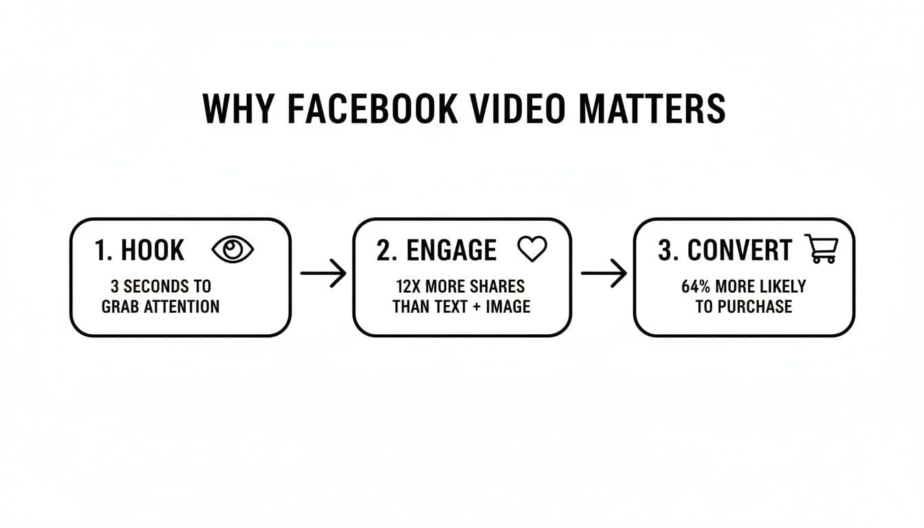 Infographic showing three steps for Facebook video success: hook, engage, and convert for better results.