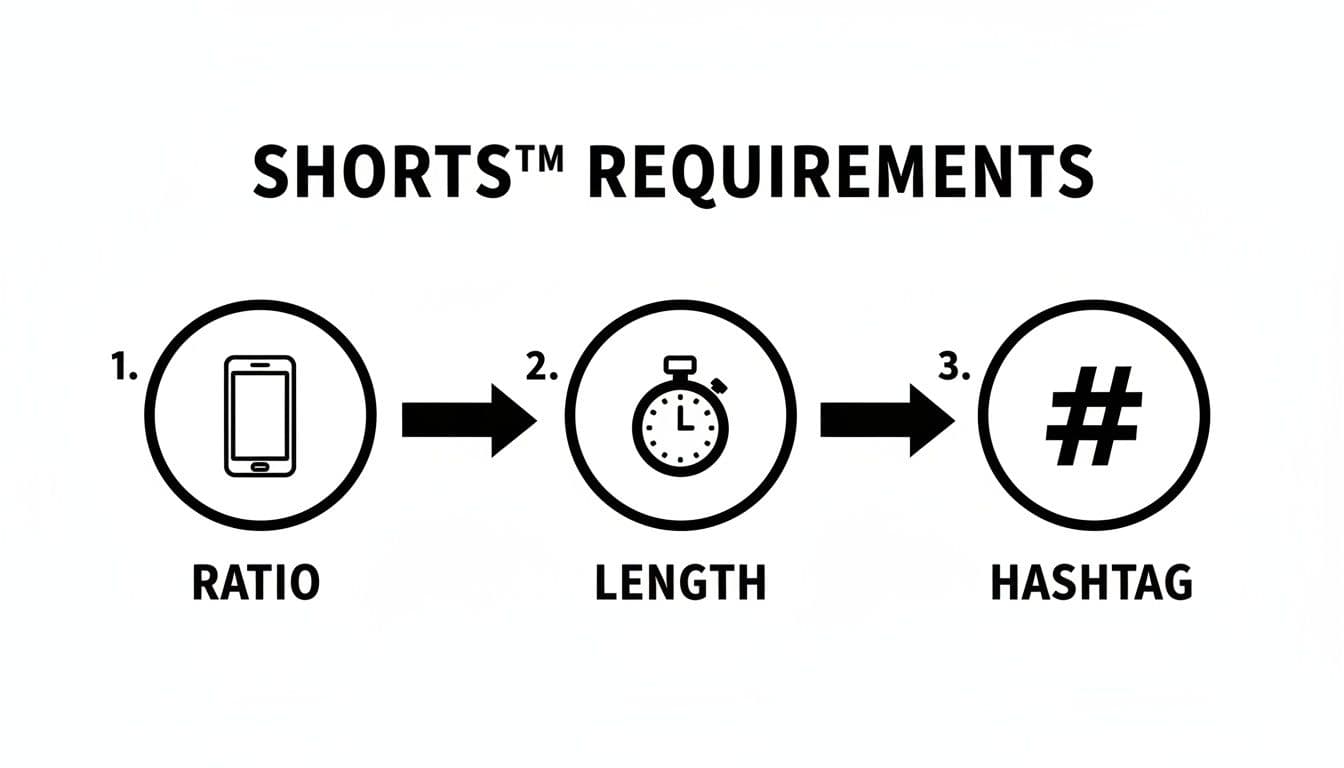 Visual guide outlining YouTube Shorts requirements: ratio, length, and hashtag, represented by icons.