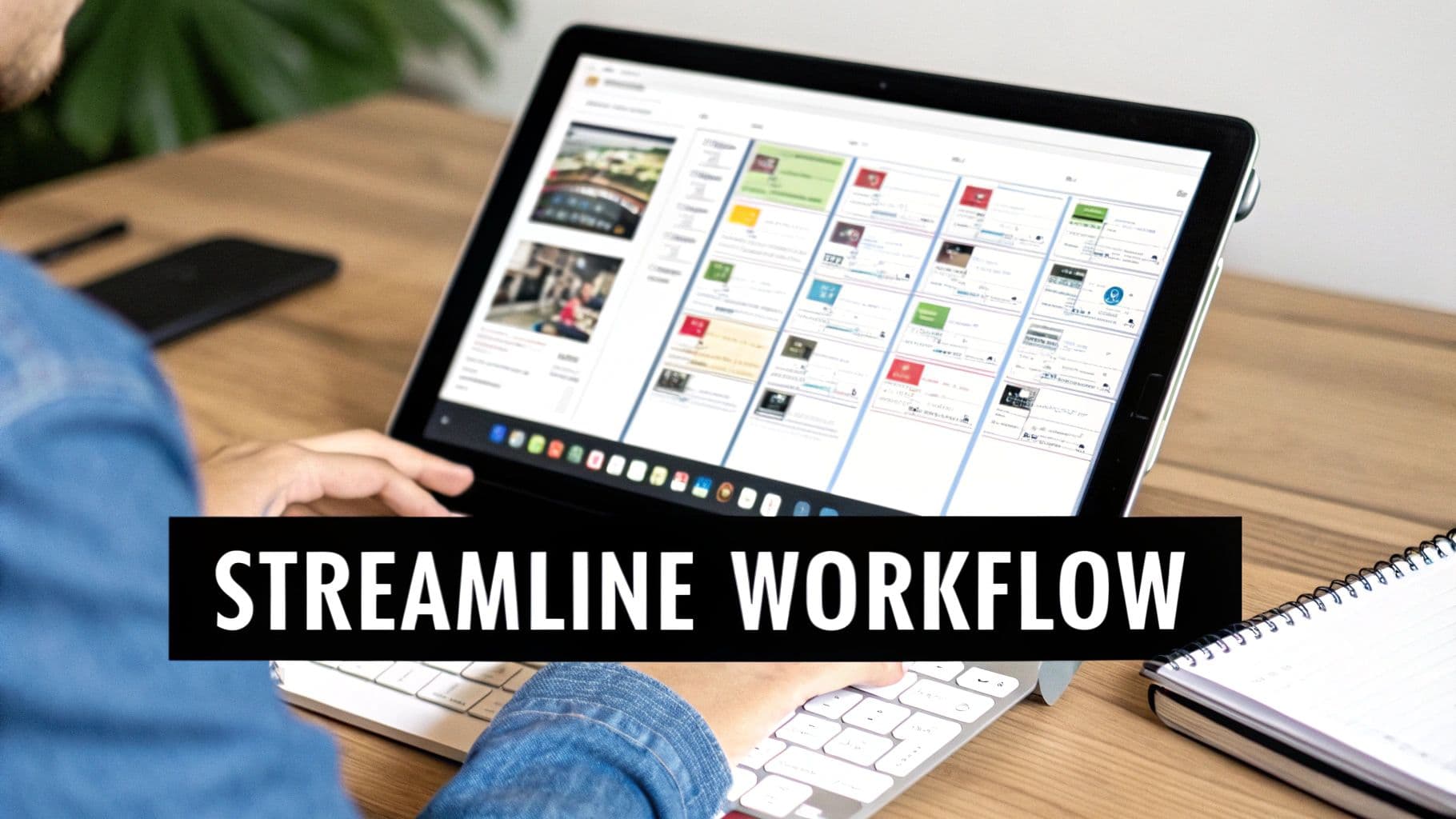 Person typing on a keyboard, using a tablet displaying a digital workflow dashboard to streamline tasks.