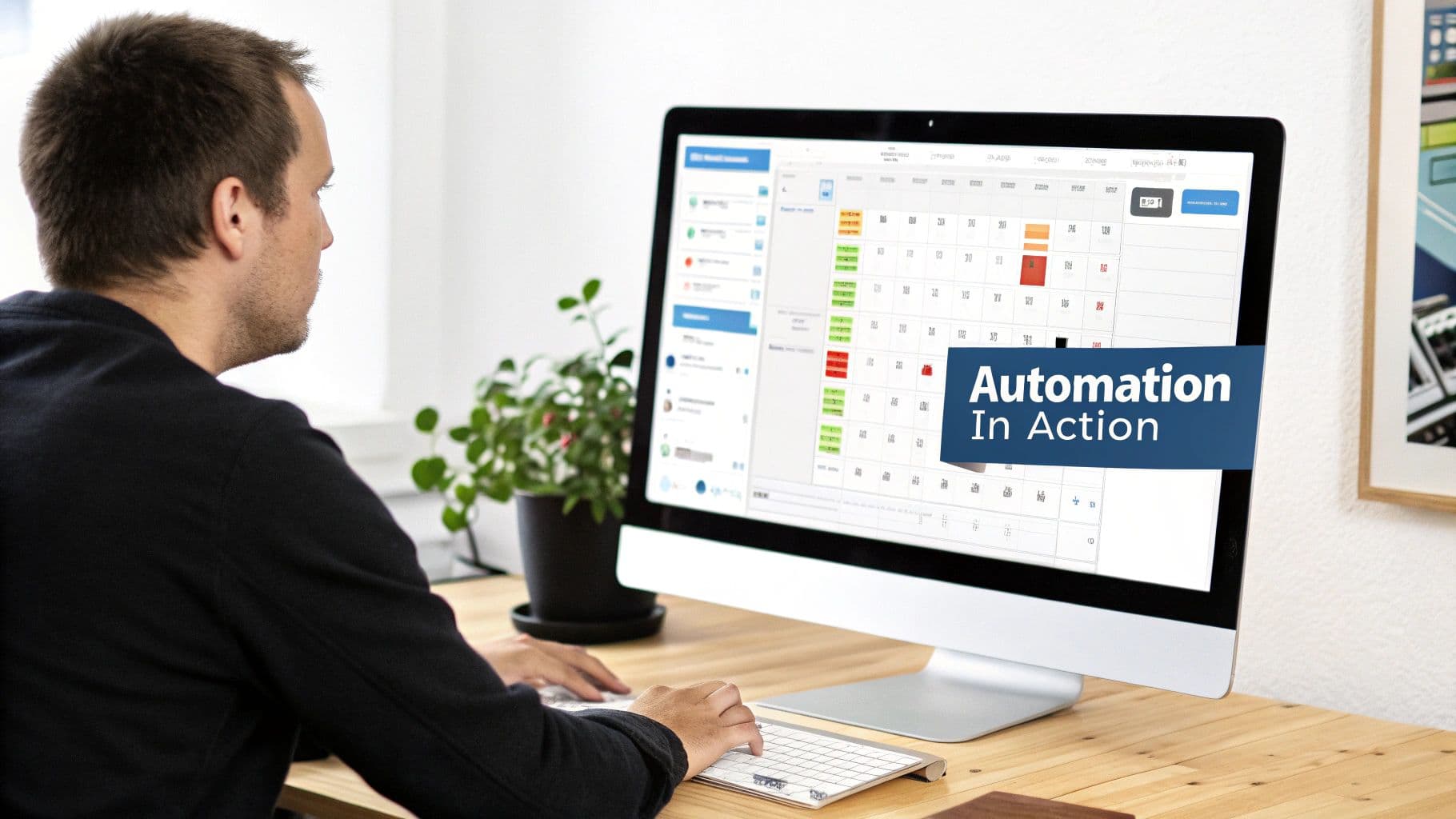 A social media manager's dashboard on a laptop, showing a content calendar and performance analytics.