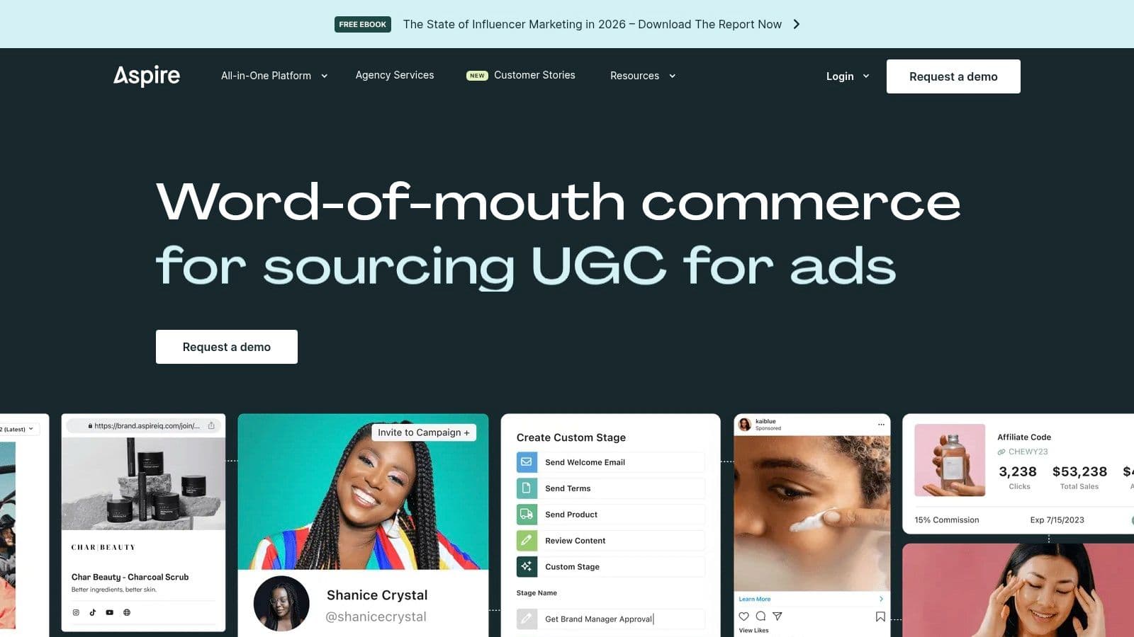Aspire's platform showing creator profiles and campaign management features.