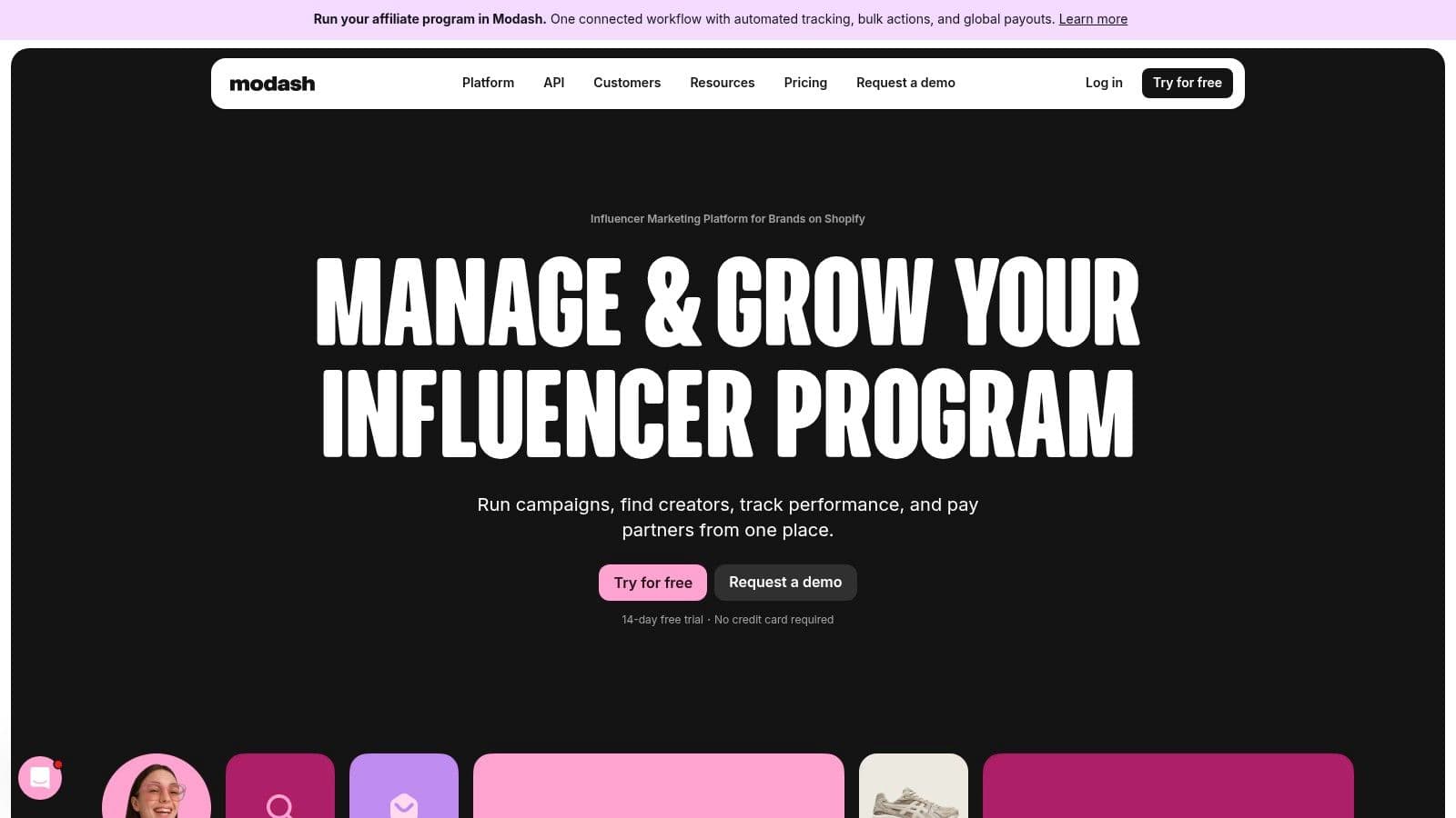 Modash user interface showing influencer search and filtering options.