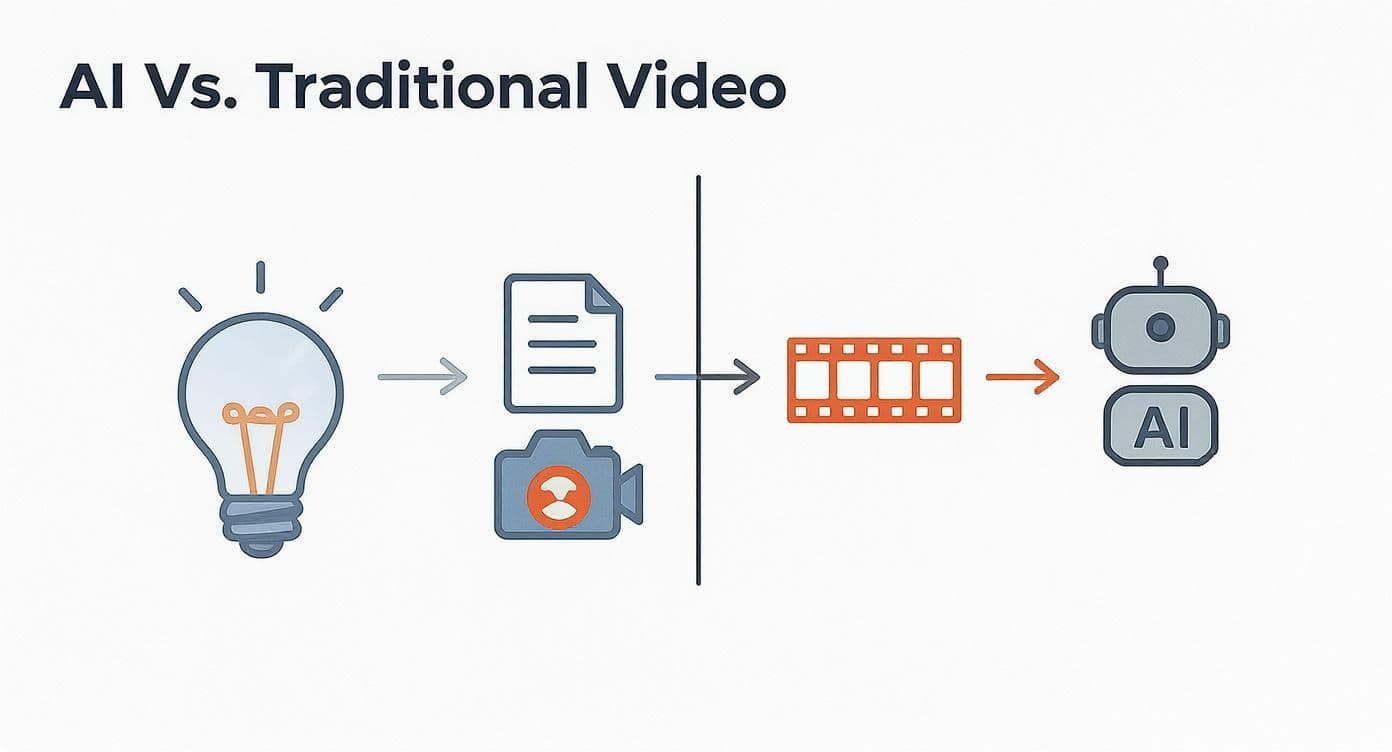 Flowchart comparing traditional video creation (idea, script, camera) with AI video generation (film, AI robot).