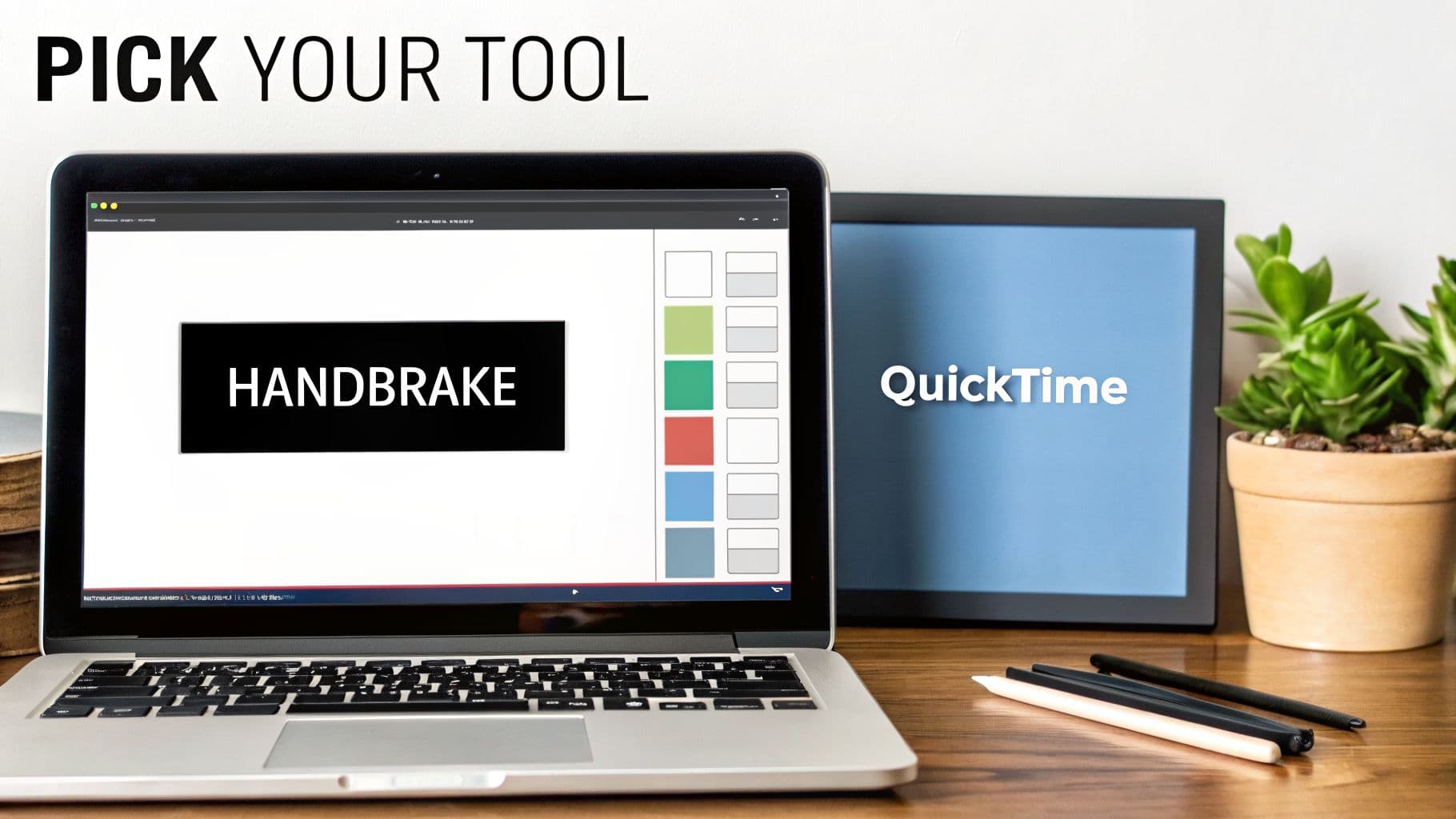 A laptop displays Handbrake software, next to a screen showing QuickTime, with text 'Pick Your Tool'.