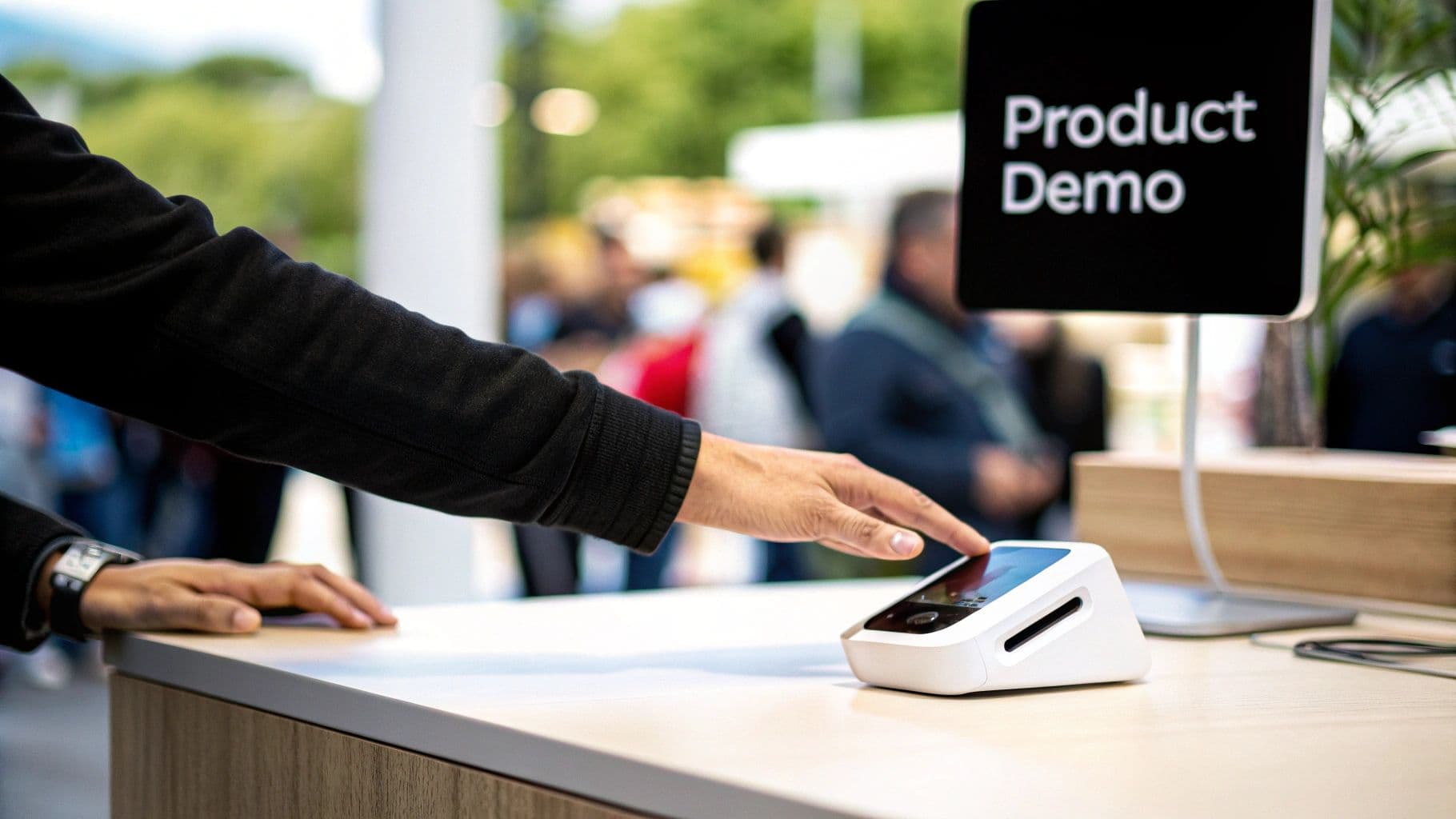 A person's hand interacts with a white electronic device on a counter at a 'Product Demo' event.