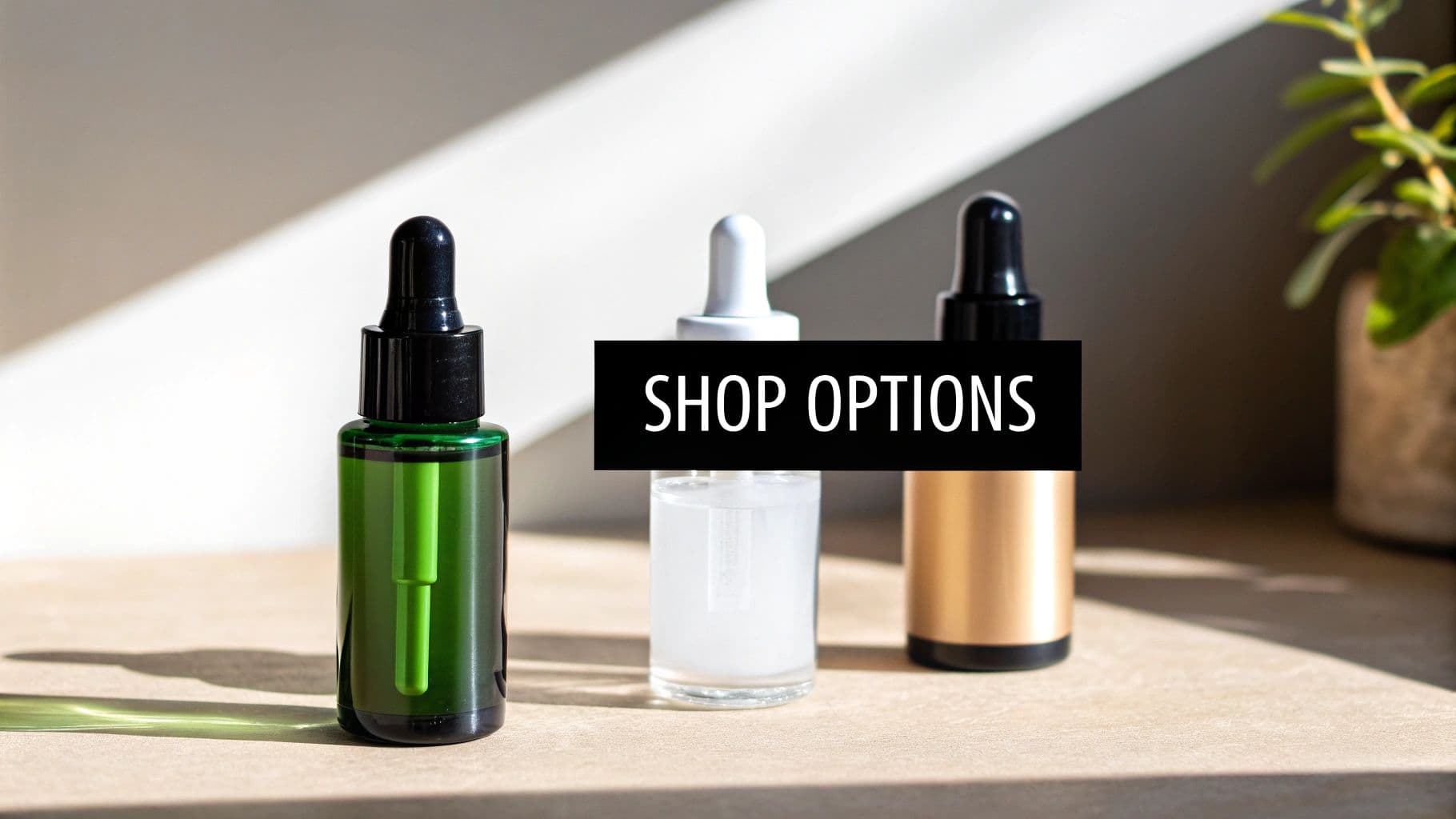 Three dropper bottles for skincare products, including green, clear, and gold, with 'SHOP OPTIONS' text.
