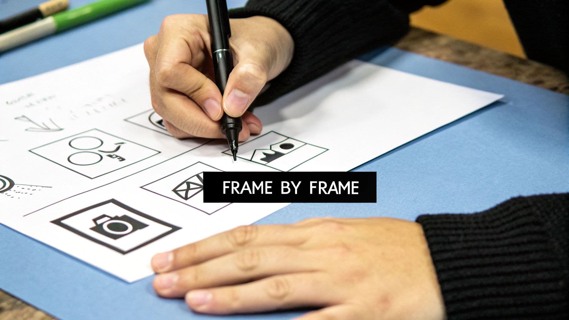 A person sketching out storyboard panels, focusing on composition and character placement.