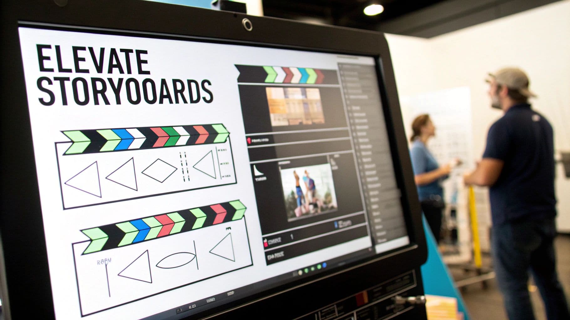 A detailed, colorful storyboard panel showing dynamic action.