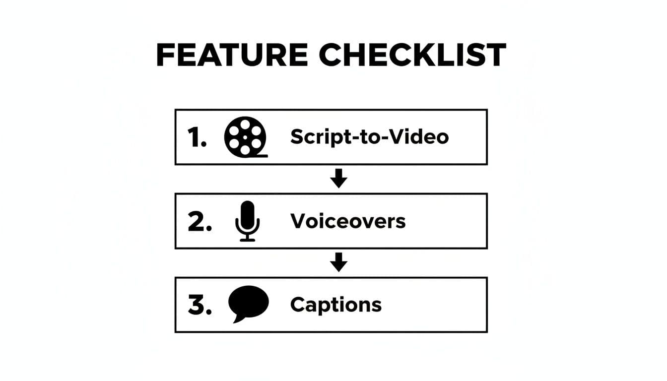 A feature checklist for video creation, detailing script-to-video, voiceovers, and captions.