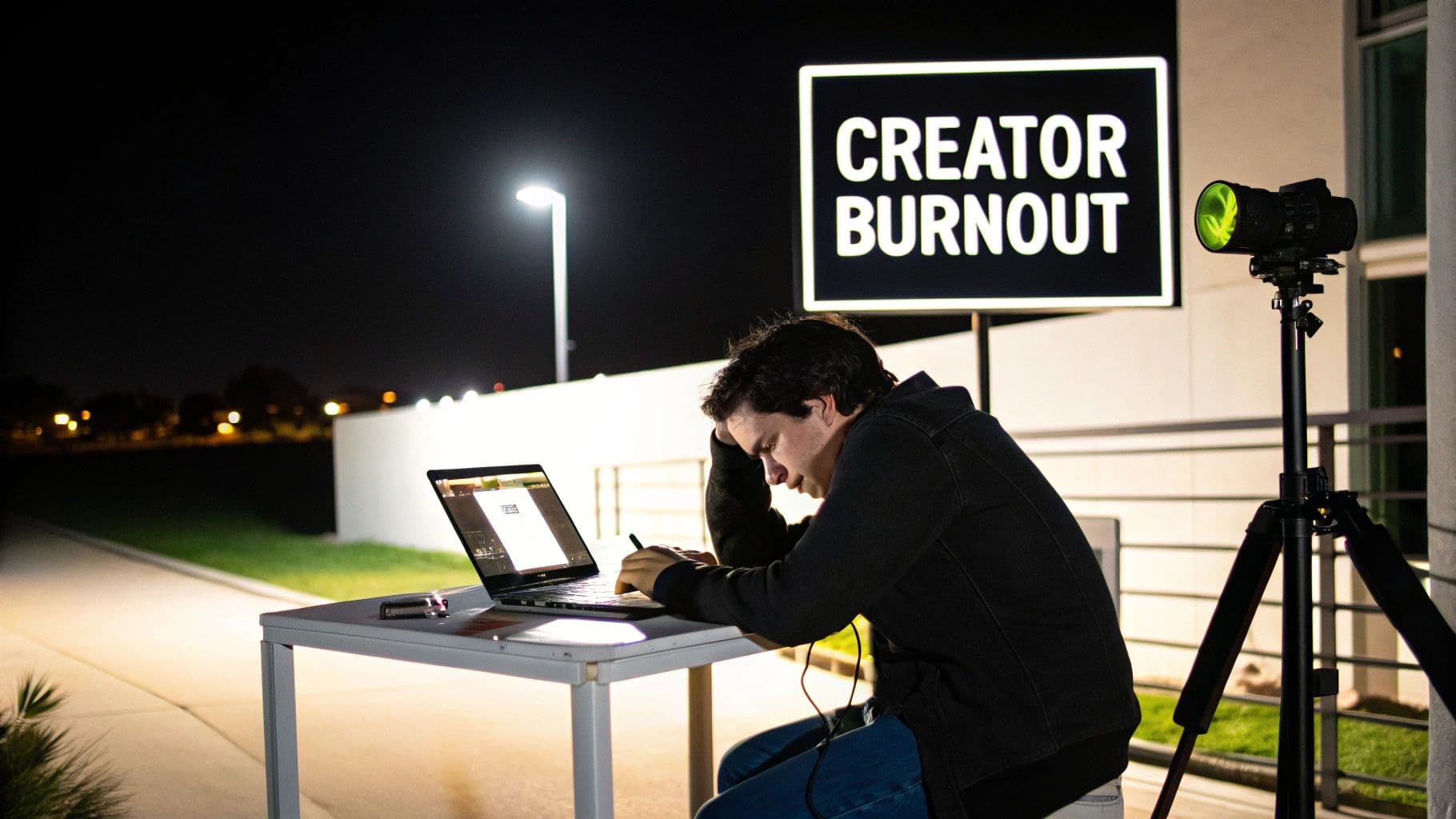 A person looks stressed while working on a laptop at night, next to a "Creator Burnout" sign.