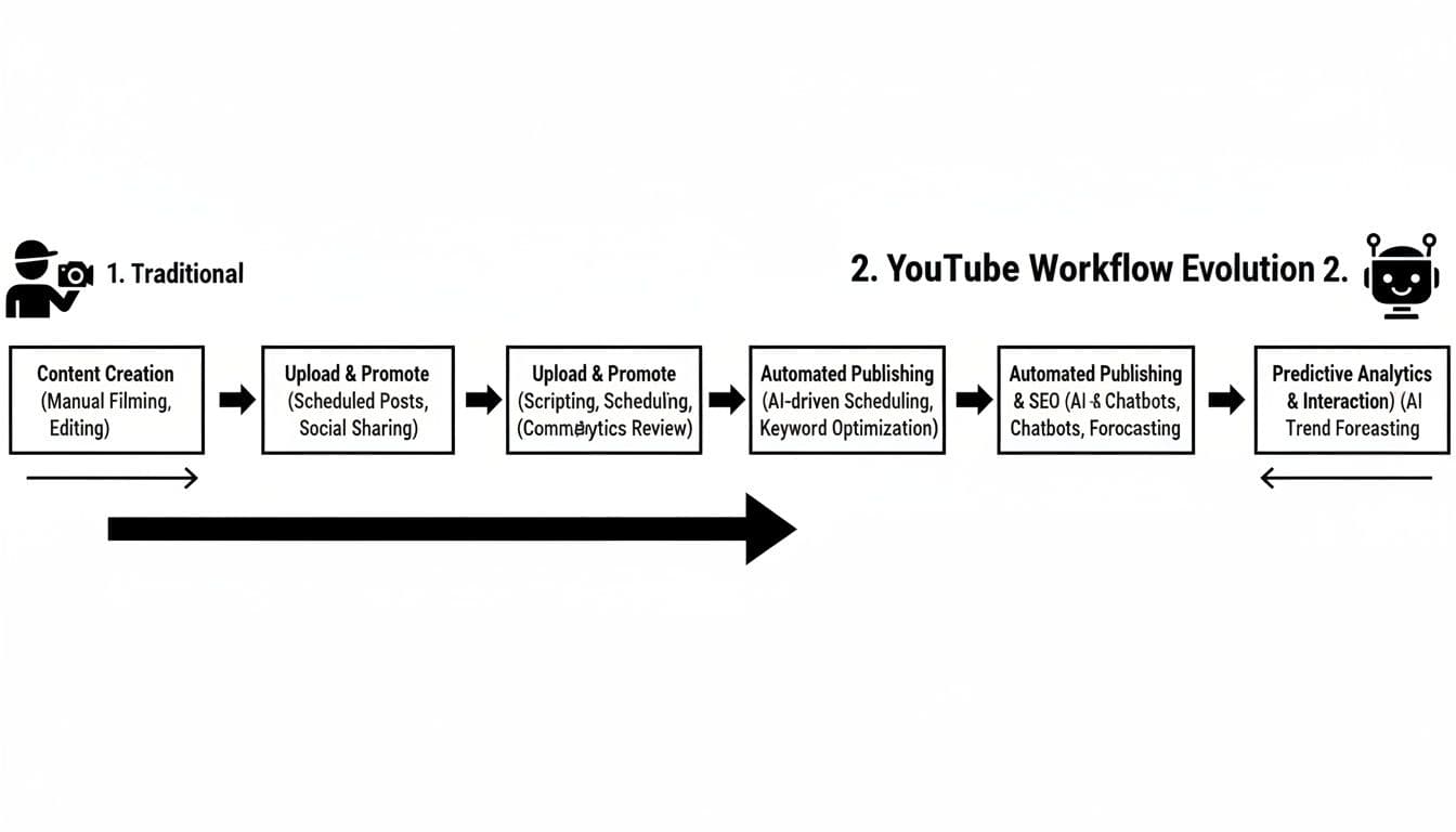 Diagram illustrating the evolution of YouTube workflows from traditional manual processes to AI-driven automation.