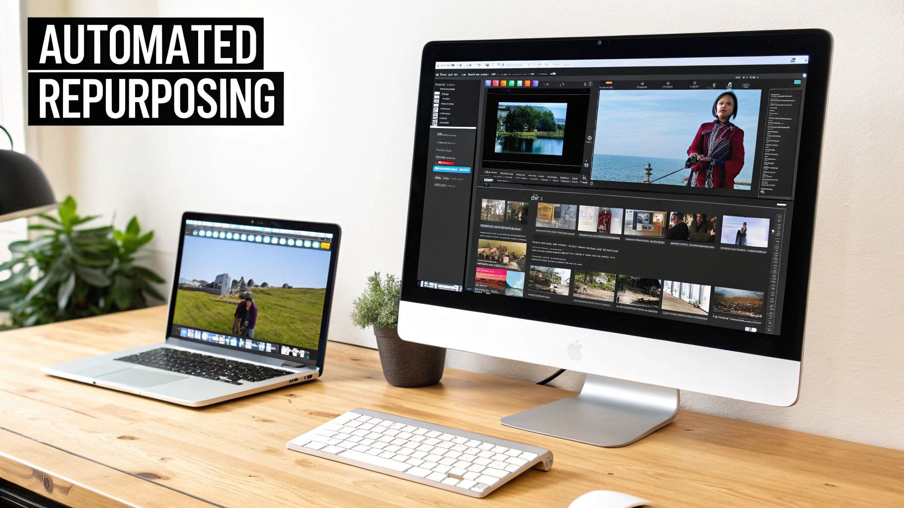 Modern office desk with a laptop and iMac showing video editing software for automated content repurposing.