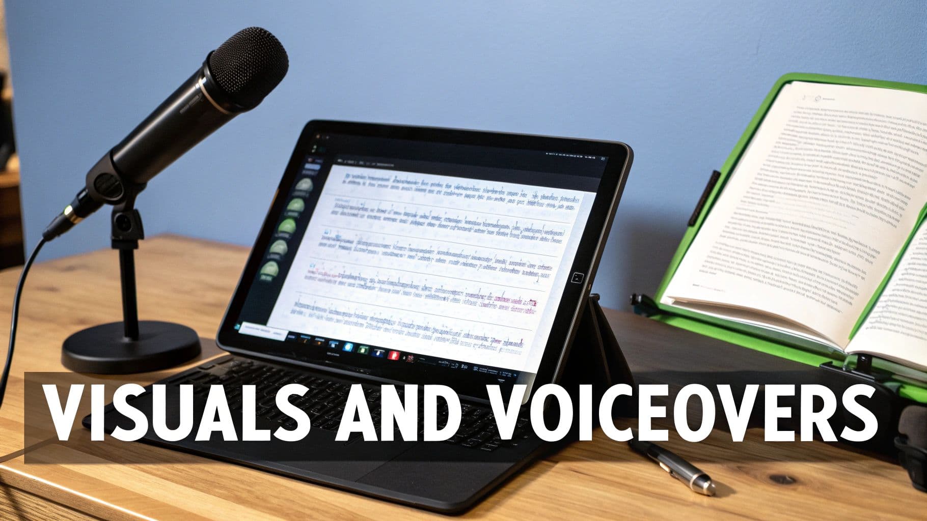 A desk setup featuring a microphone, a laptop displaying text, and an open book on a stand.