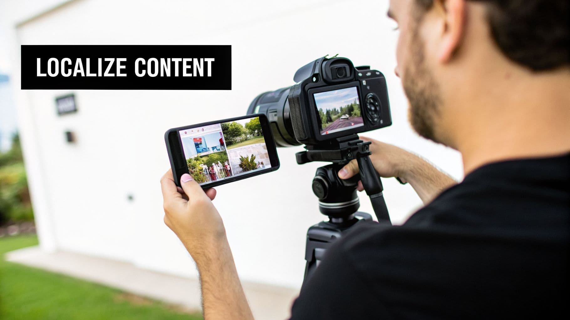 A person views multi-screen content on a smartphone while shooting video with a camera on a tripod.