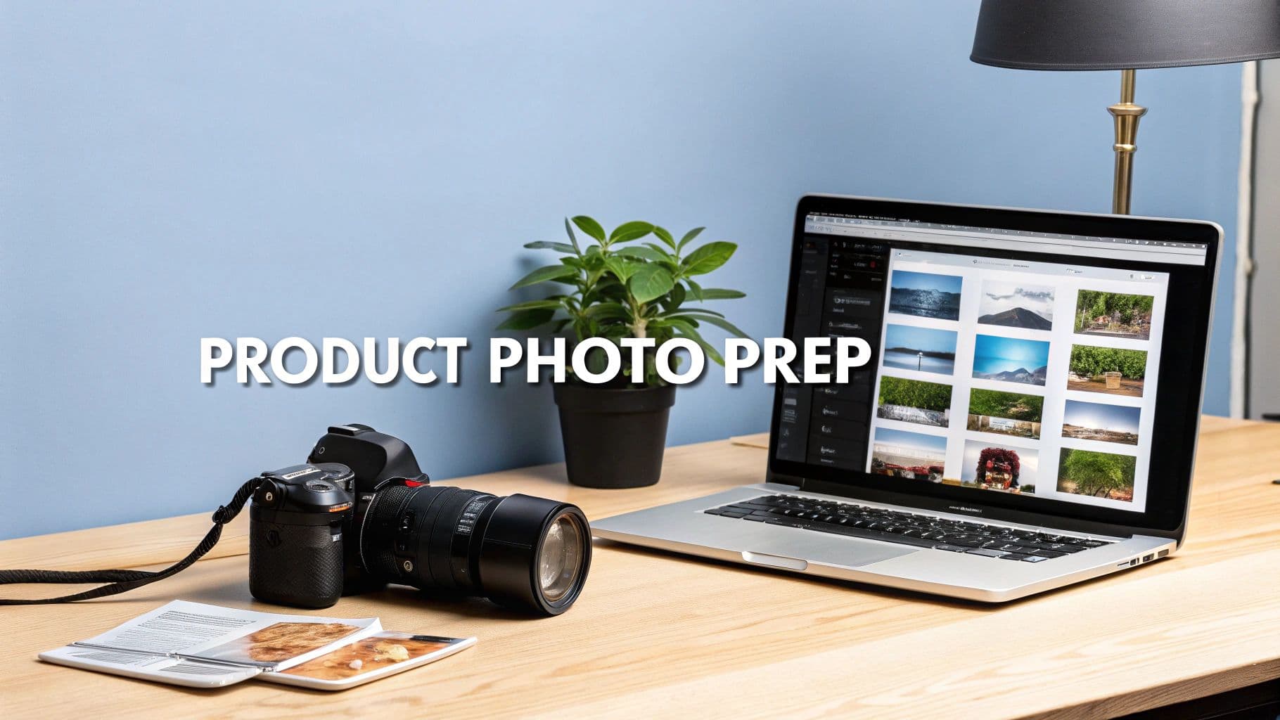 A desk setup with a DSLR camera, a laptop showing image previews, a plant, and a lamp, with 'PRODUCT PHOTO PREP' text.