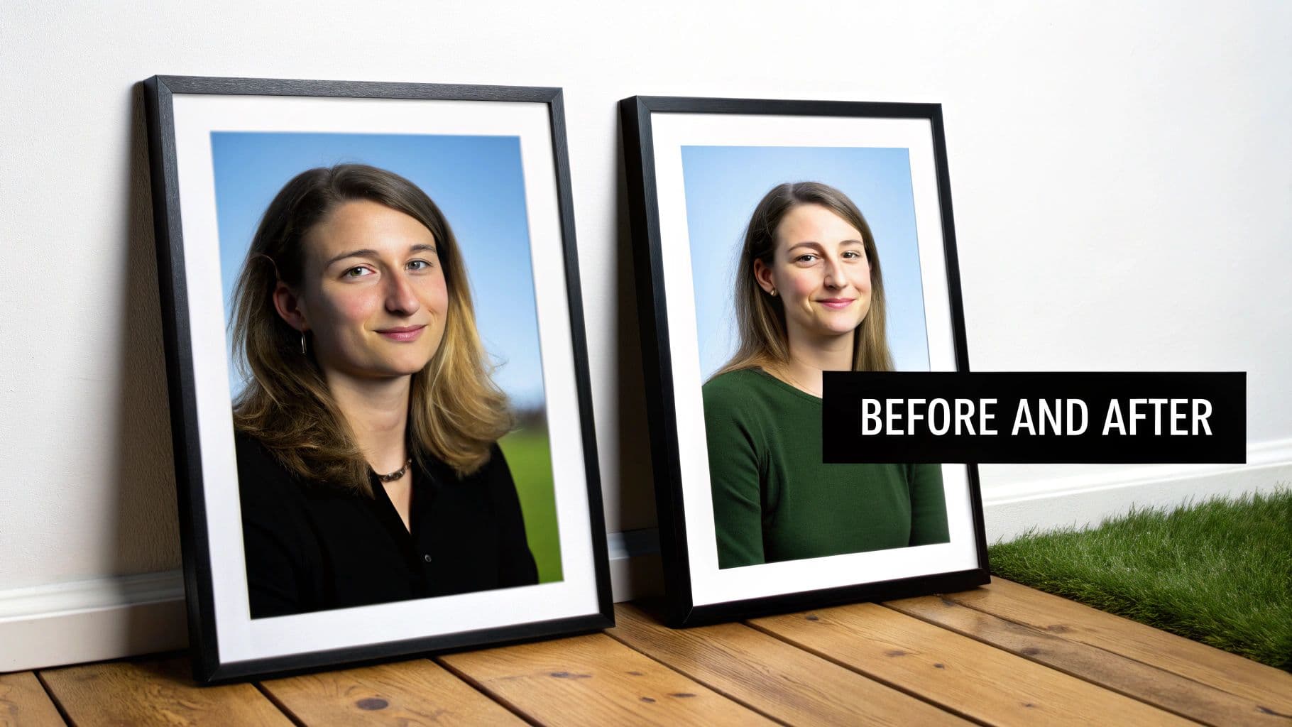 Two framed portraits of a woman, showing a 'before and after' transformation in hair color and clothing.