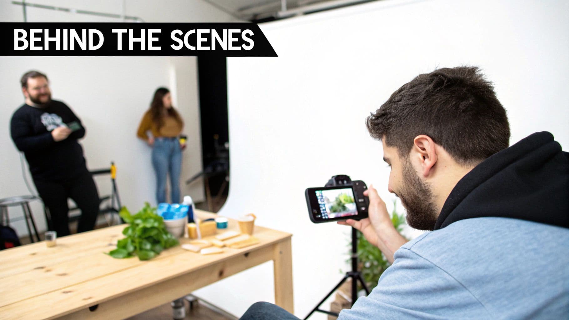 A photographer reviews shots on a camera during a "behind the scenes" photoshoot with models and props.