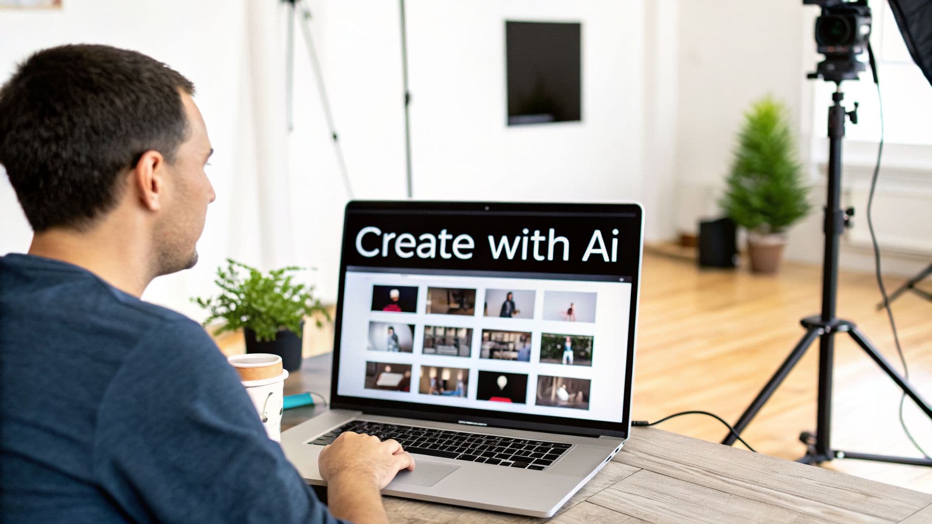 Man using a laptop displaying 'Create with Ai' and a grid of AI-generated images.