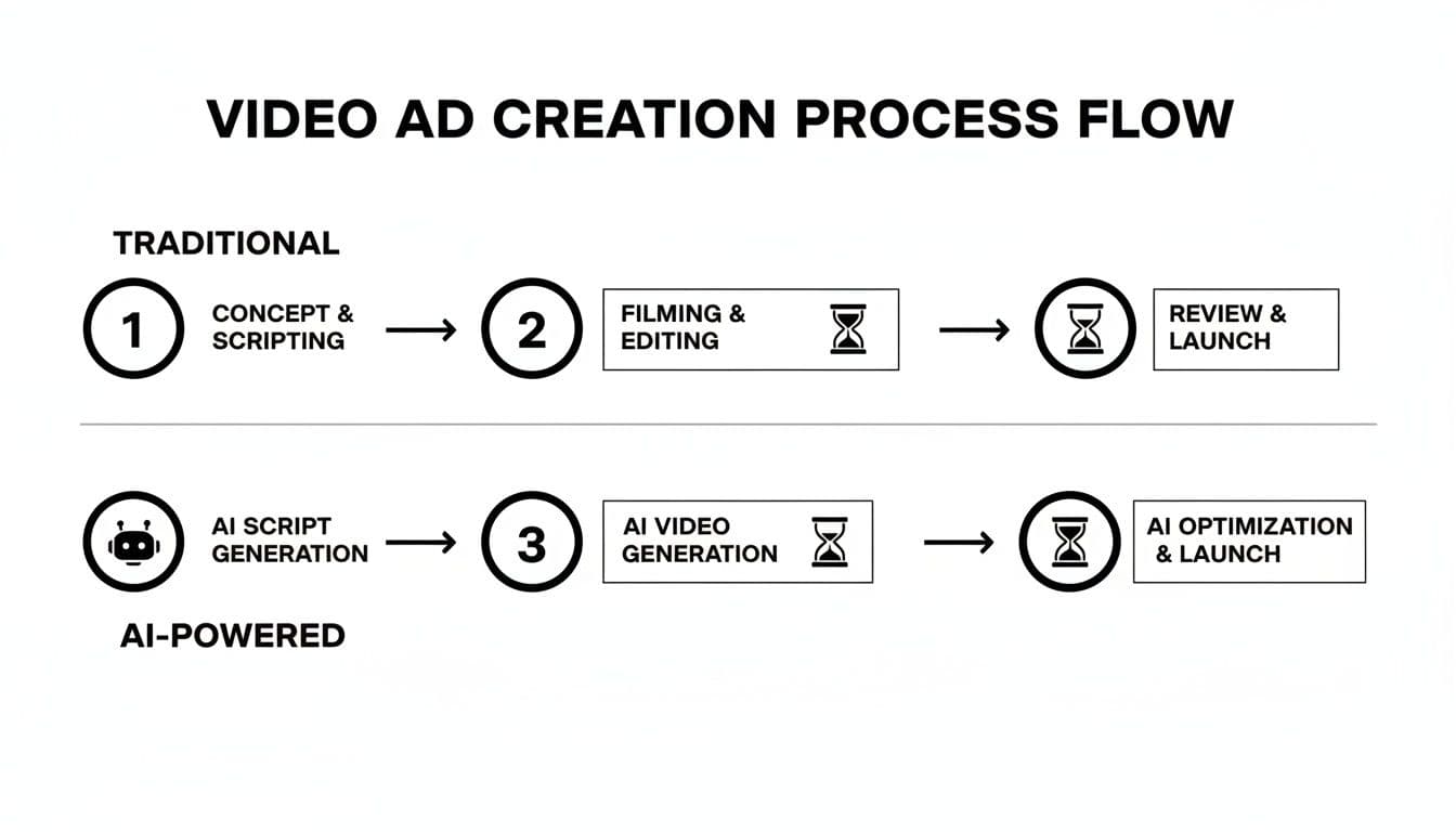 Flowchart comparing traditional versus AI-powered video ad creation processes, emphasizing efficiency.