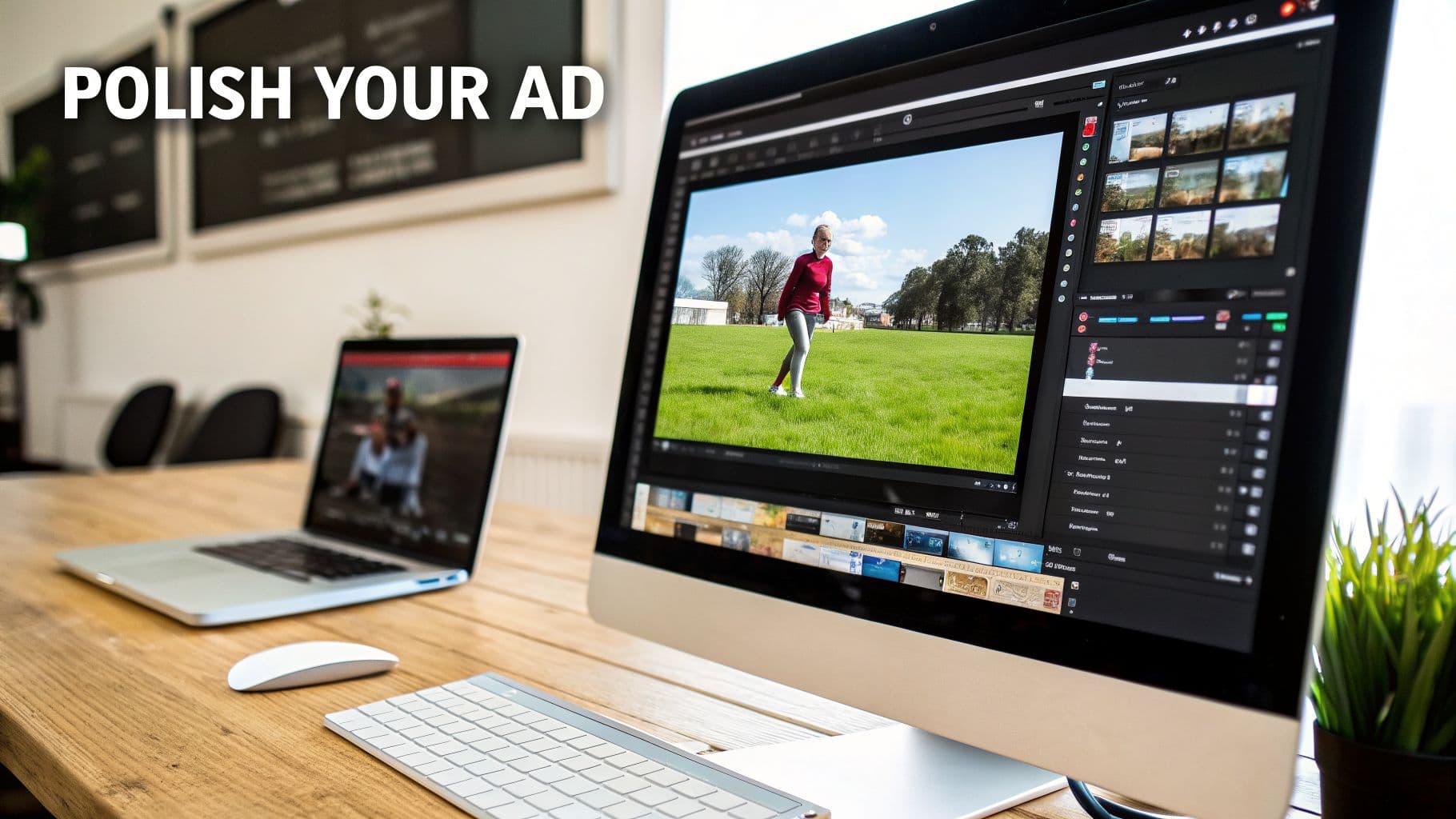 A desk with computers showing video editing software, a laptop, mouse, and keyboard, with 'POLISH YOUR AD' text.