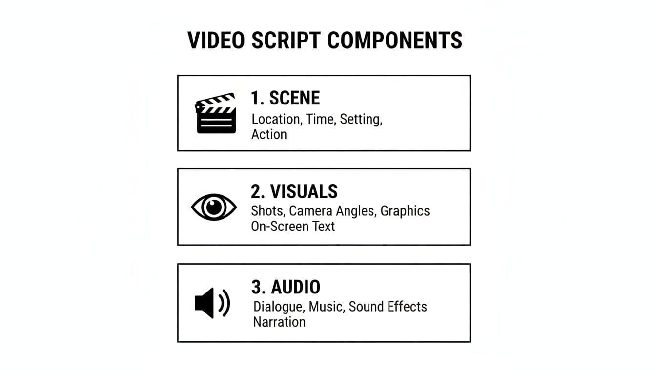 A diagram illustrating video script components: Scene, Visuals, and Audio, with their respective elements.