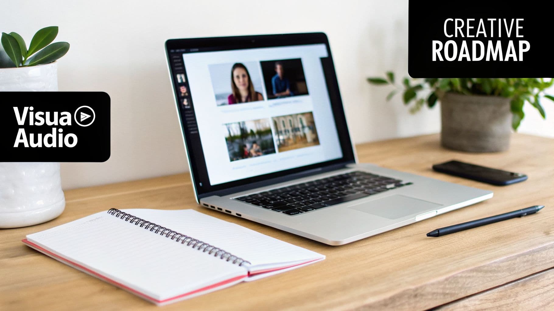 A creative desk setup featuring a laptop, open notebook, pen, and potted plants on a wooden surface.