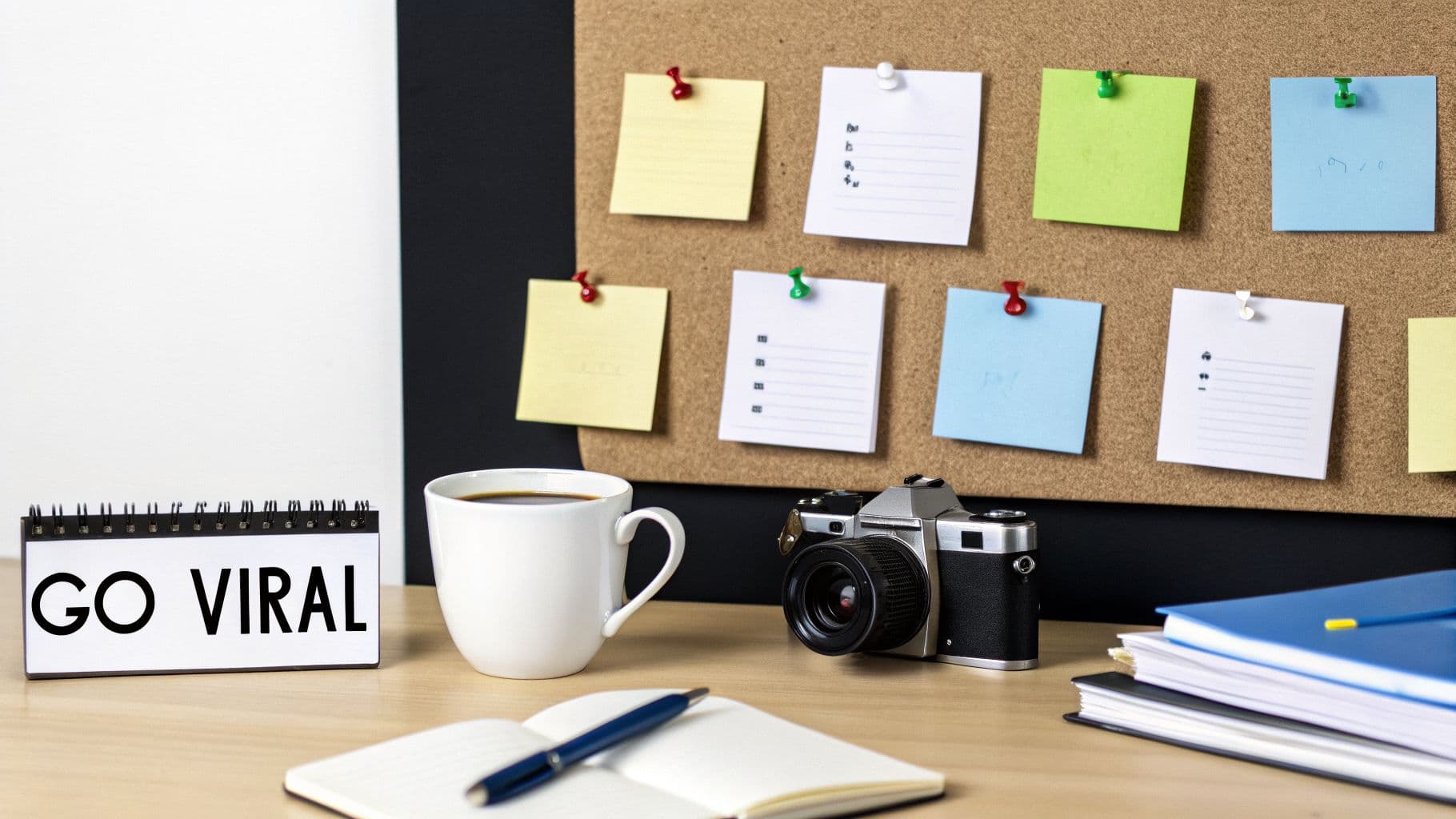 Office desk setup with a 'GO VIRAL' calendar, coffee, camera, and a cork board with notes.