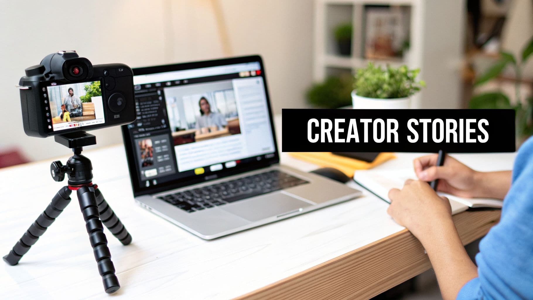 A person writes notes on a desk with a camera on a tripod and a laptop displaying a video, text overlay 'CREATOR STORIES'.