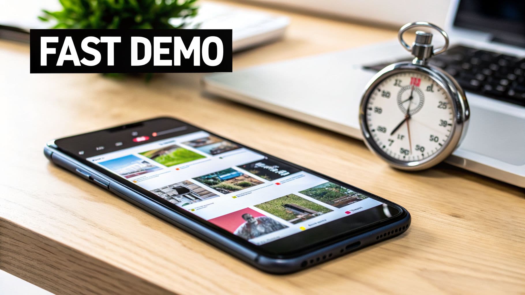 A smartphone showing a gallery of images, a stopwatch, and a laptop on a wooden desk with 'FAST DEMO' text.