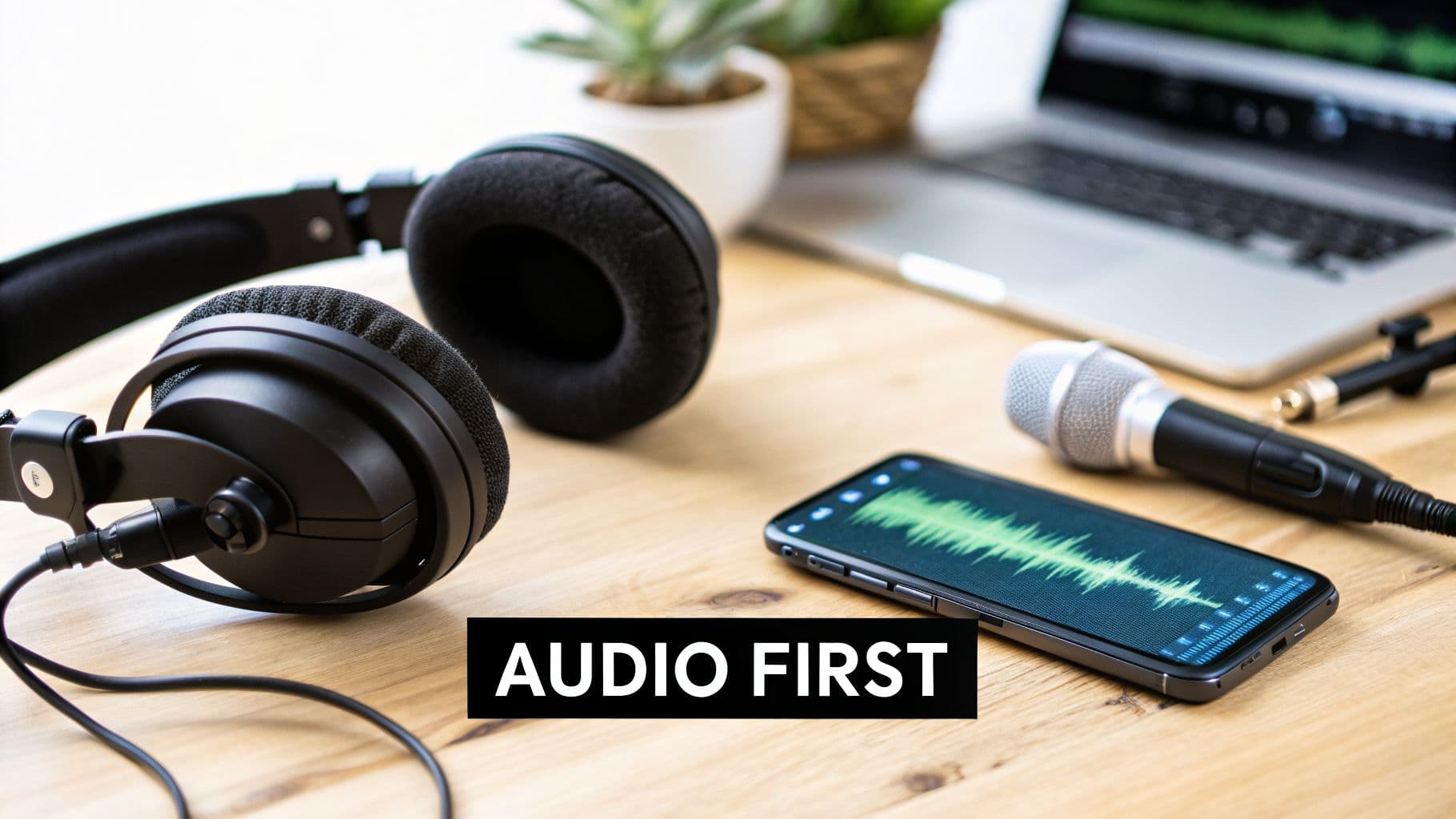 A recording setup on a wooden desk featuring headphones, a smartphone with a waveform, a microphone, and a laptop.