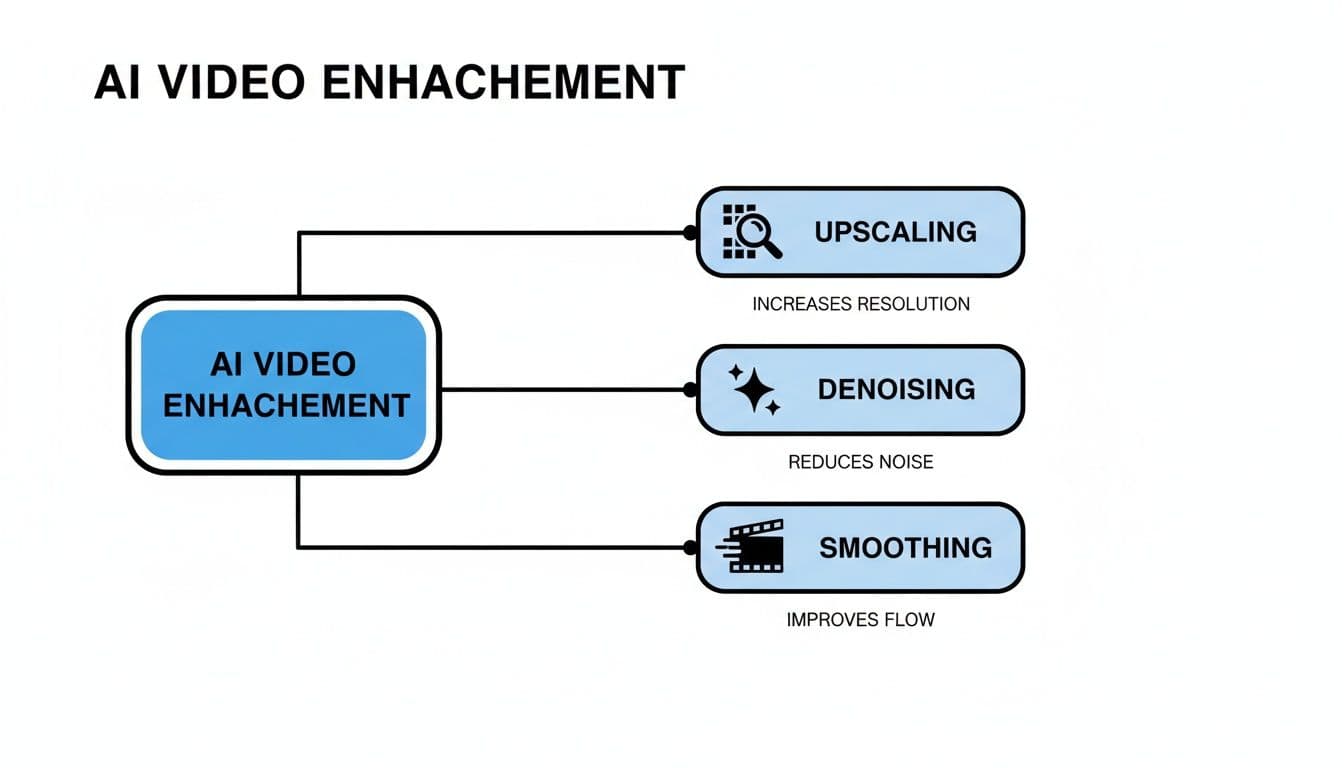 A diagram illustrating AI video enhancement methods: upscaling, denoising, and smoothing, each with a brief description.