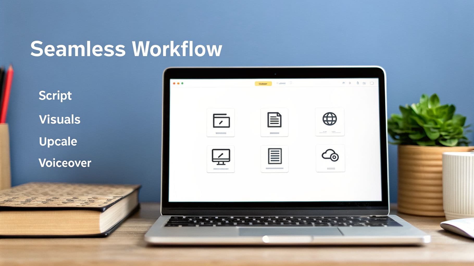 A laptop displays icons for script, visuals, upscale, and voiceover, illustrating a seamless video creation workflow.