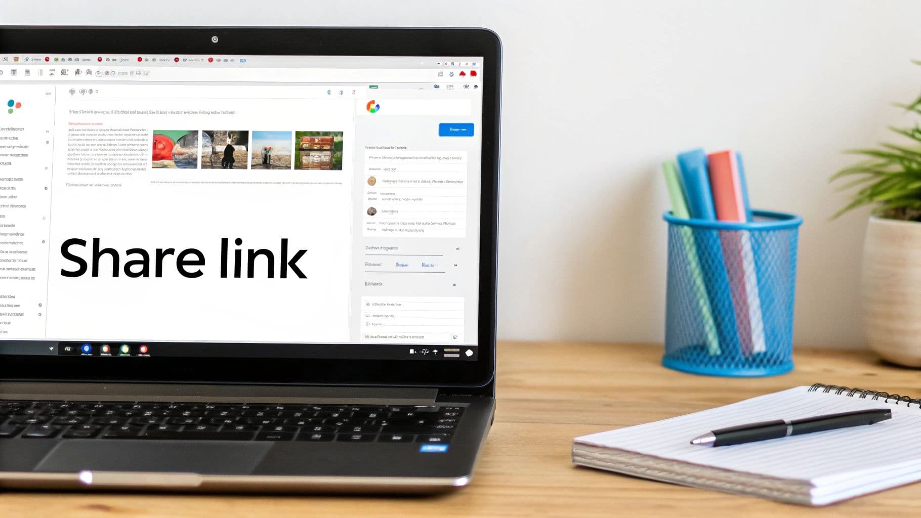 A laptop on a wooden desk displays a content sharing interface with a 'Share link' message.