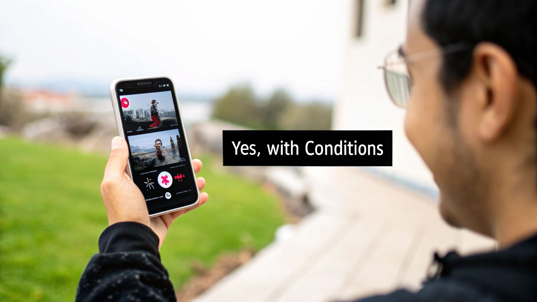 A person holds a smartphone displaying two videos outdoors, with another person watching.