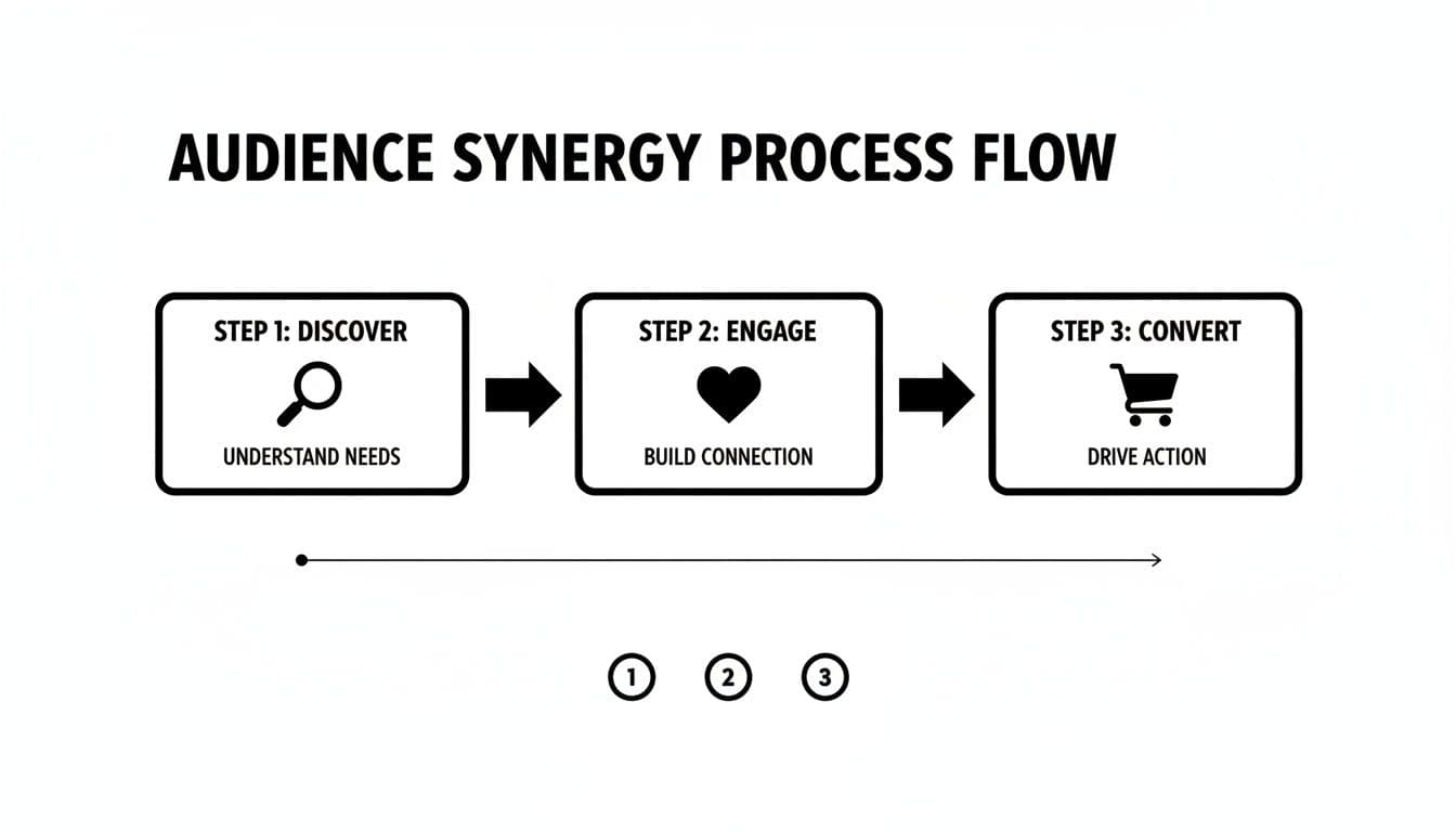 Audience synergy process flow diagram illustrating three steps: Discover, Engage, Convert.