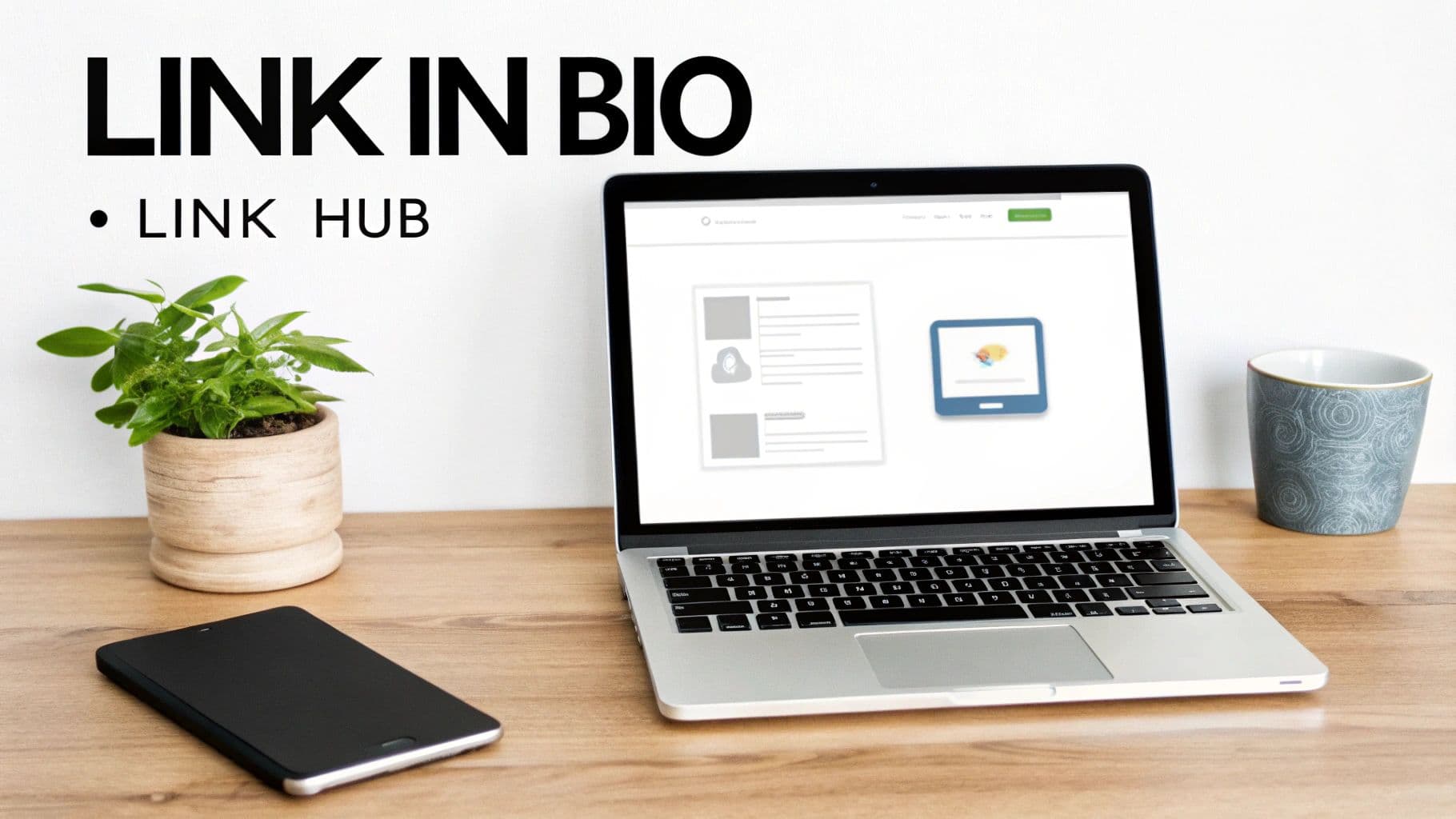A workspace with 'LINK IN BIO' and 'LINK HUB' text, a laptop, phone, plant, and mug.