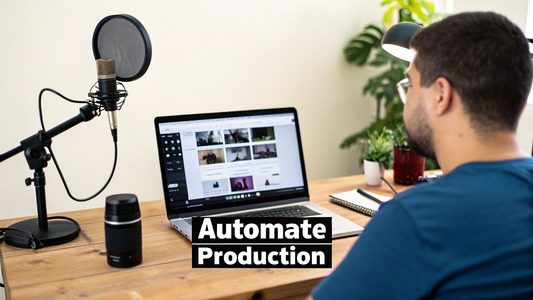 Man at desk with laptop, microphone, and speaker, symbolizing content creation automation.