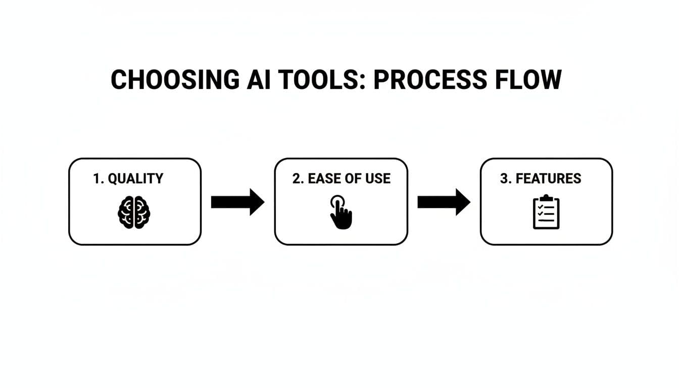 A process flow diagram illustrating three key steps for choosing AI tools: Quality, Ease of Use, and Features.