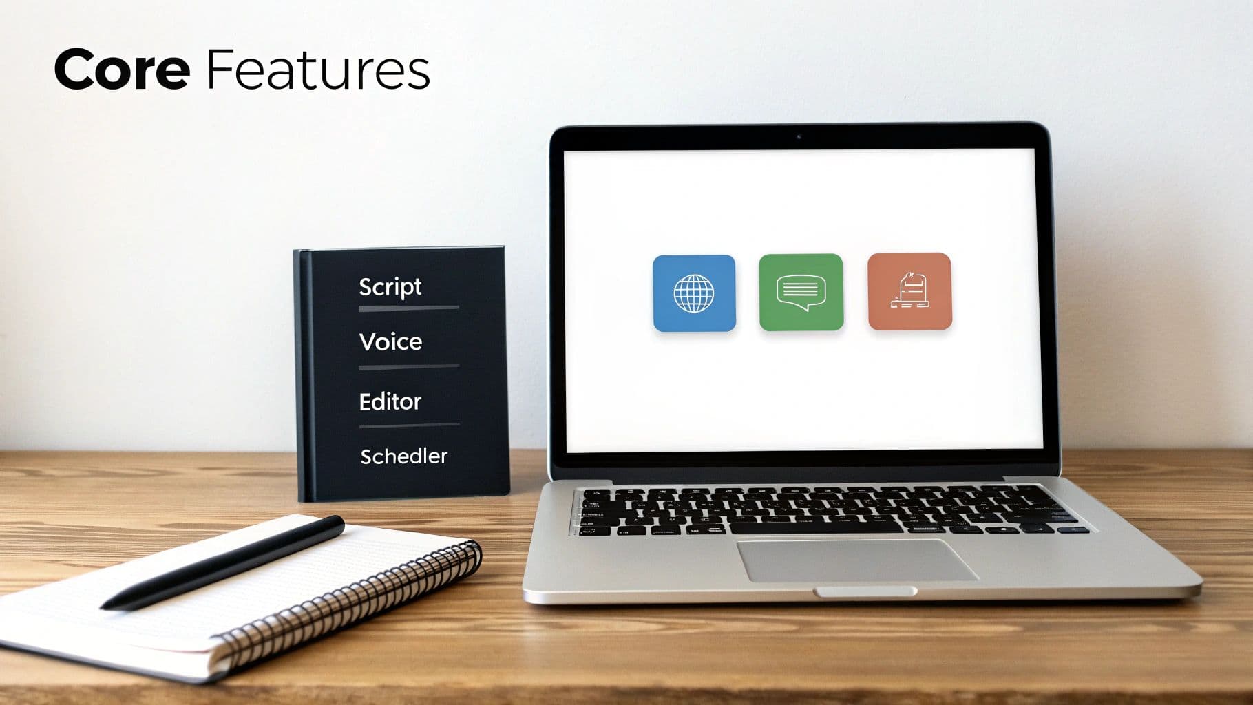 A laptop displaying app icons next to a list of core features like Script and Voice, with a notebook.