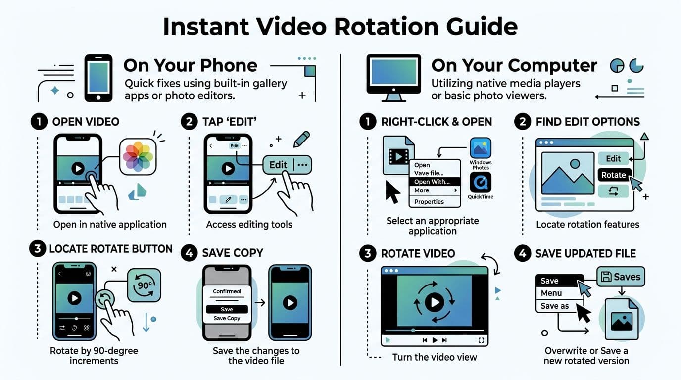 An infographic showing simple step-by-step instructions for rotating videos on mobile phones and desktop computers.