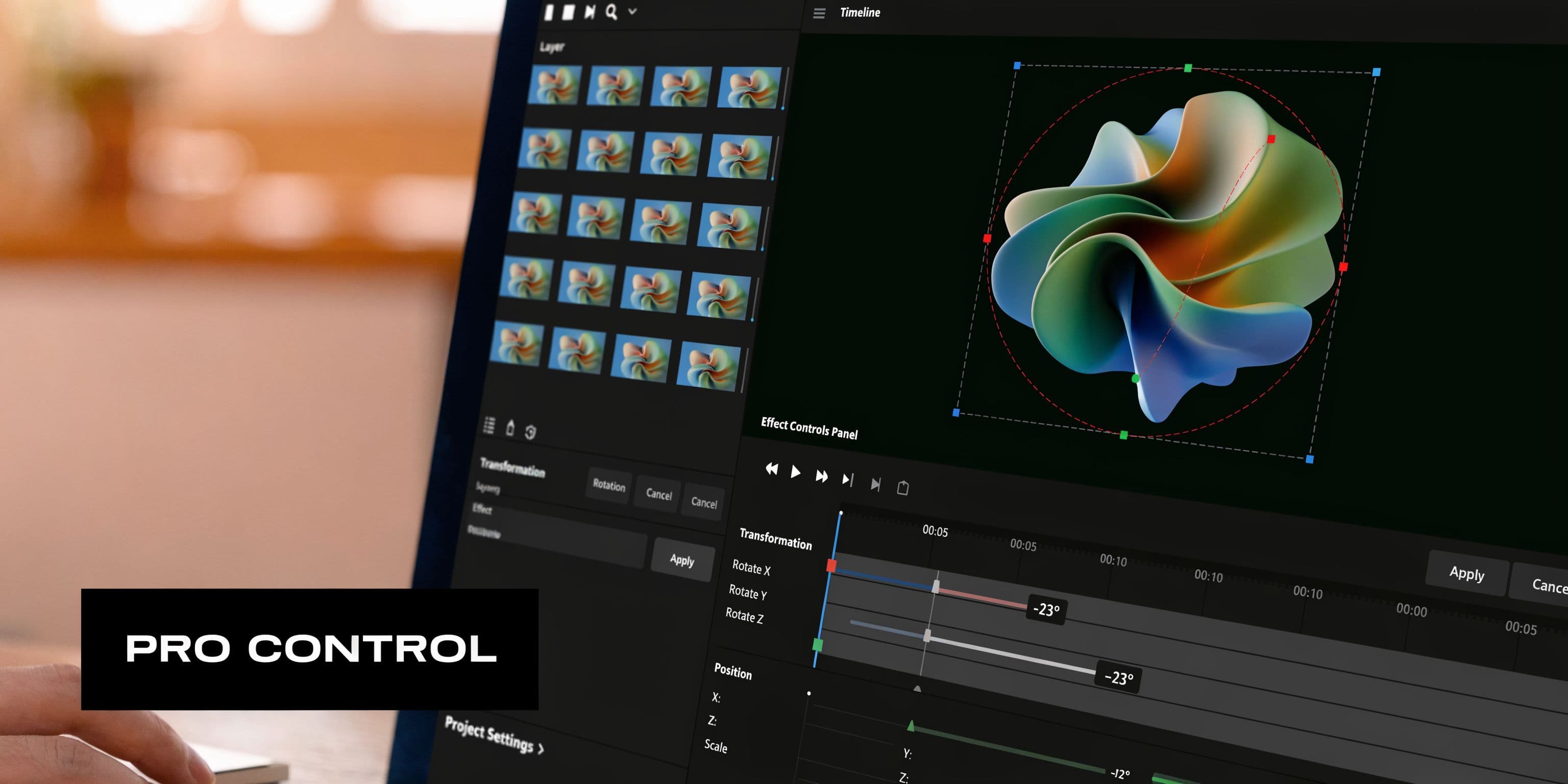 A professional video editing software interface showing 3D rotation controls and a preview of a colorful abstract shape.