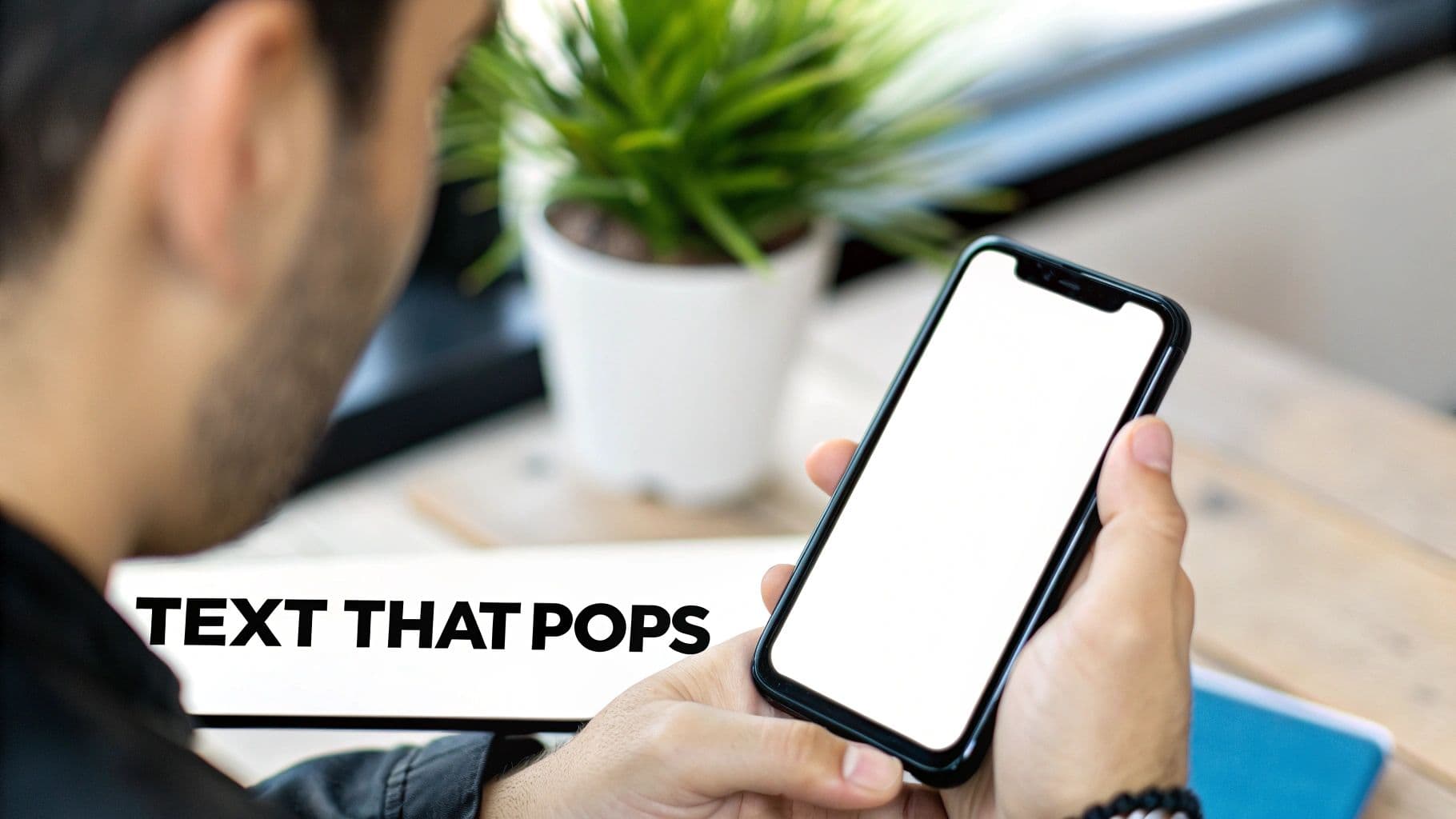 A person holding a smartphone with a blank screen, ready for custom text to be added.