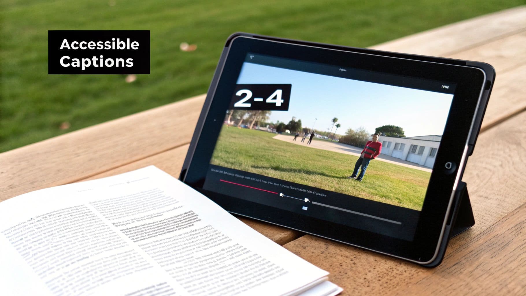 A tablet displaying a video with captions and a score, next to a document, on a wooden table outdoors.