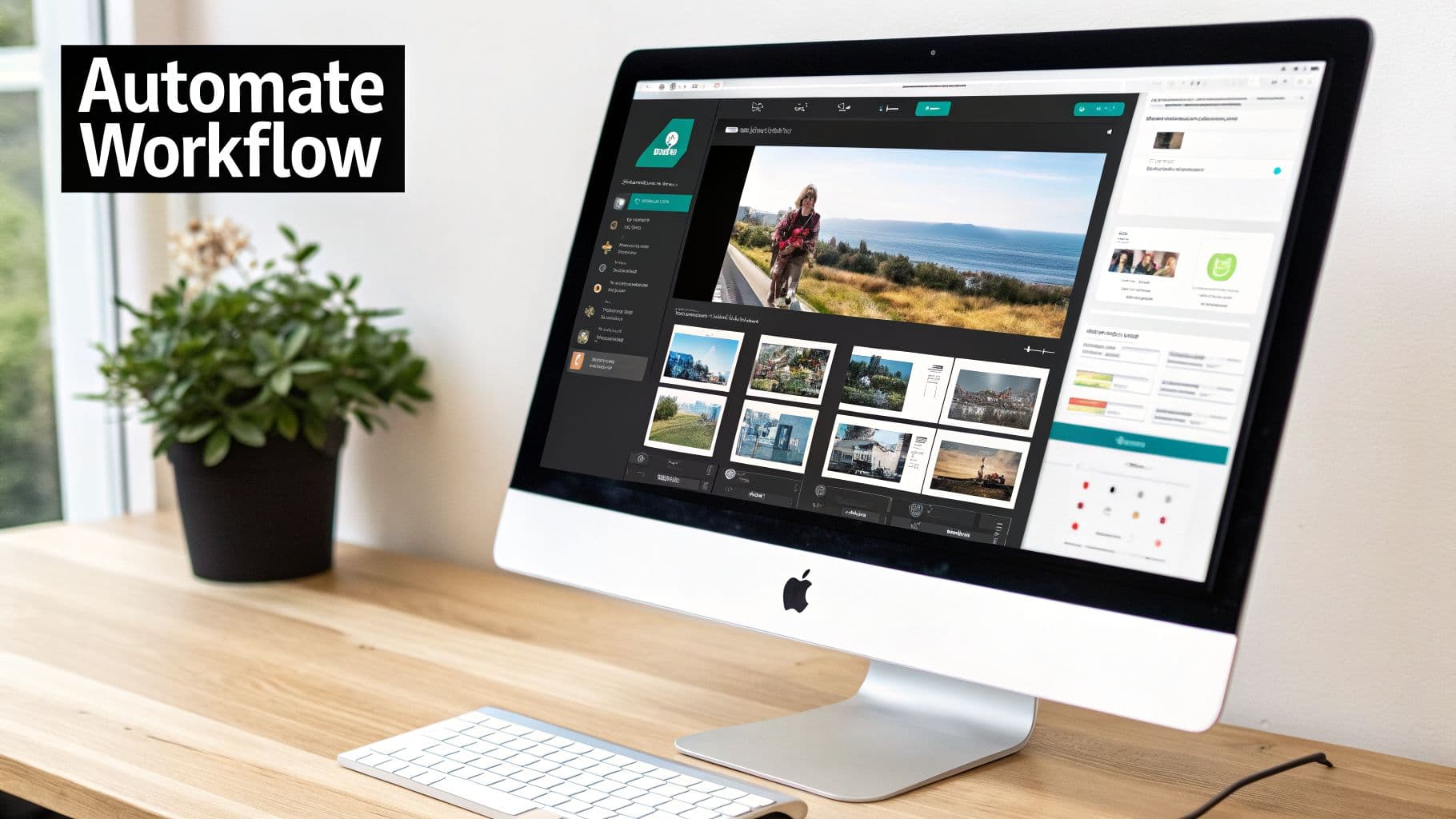 An Apple iMac displays a workflow automation application with images on a wooden desk.