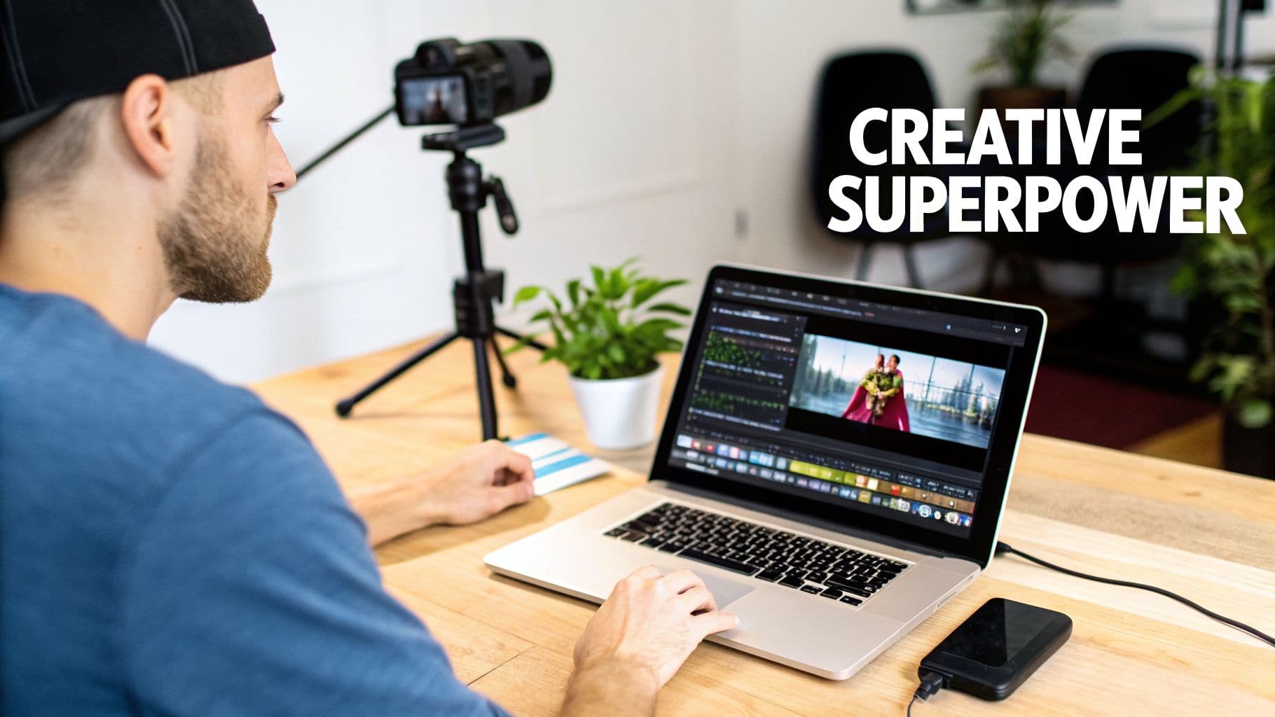 A man editing video on a laptop, with a camera on a tripod and an external hard drive.