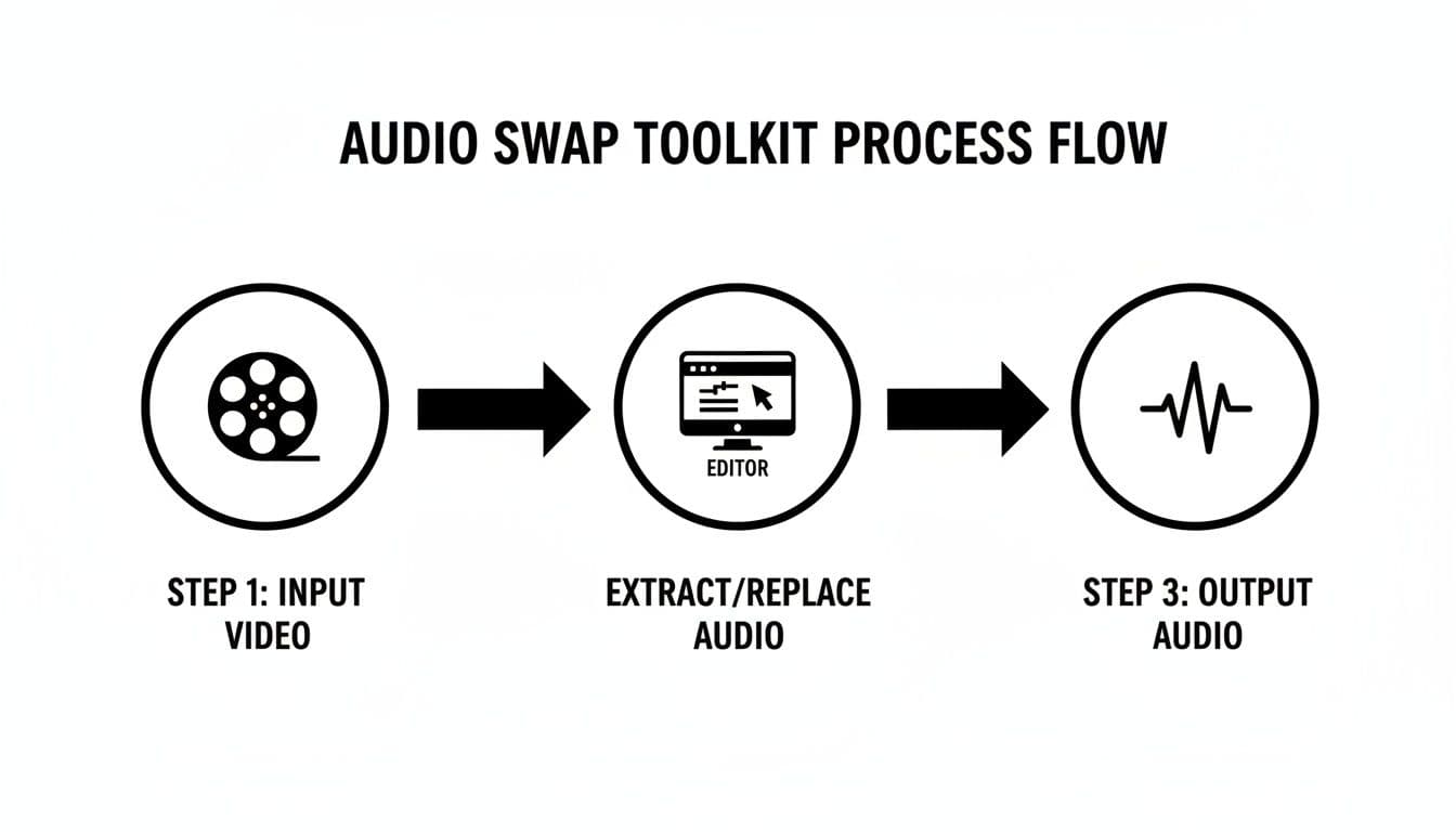 Diagram illustrating the audio swap toolkit process flow: input video, extract/replace audio with an editor, and output audio.