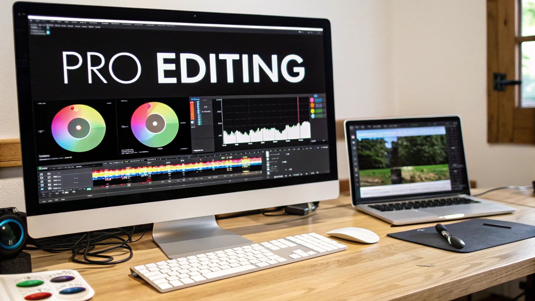 A person editing a video on a laptop, surrounded by creative tools.